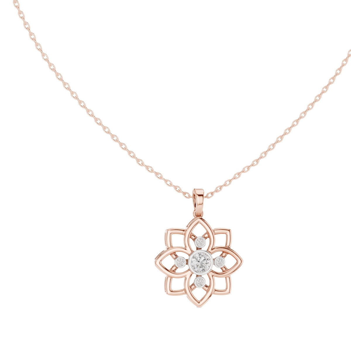 Floral diamond pendant on rose gold chain
