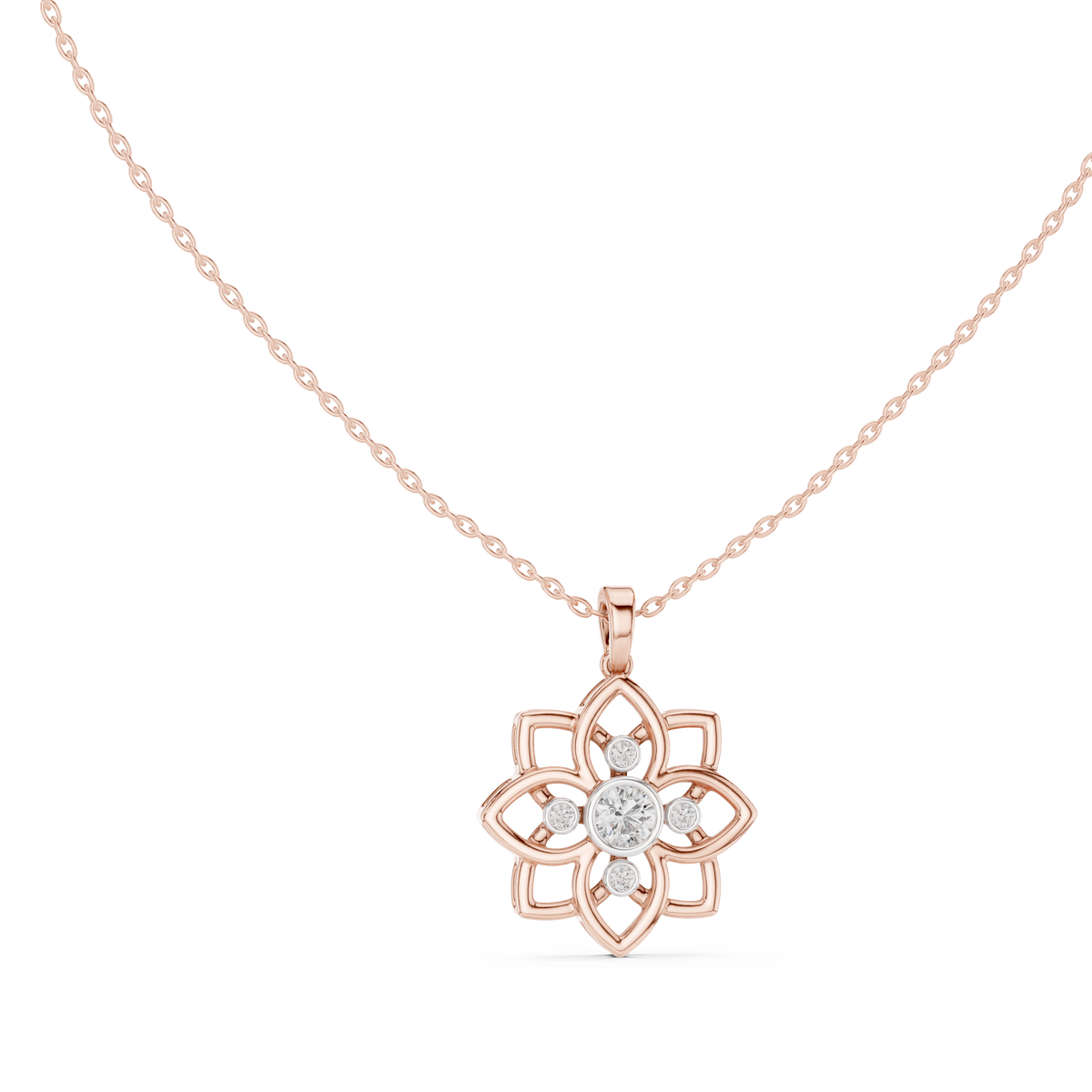 Floral diamond pendant on rose gold chain