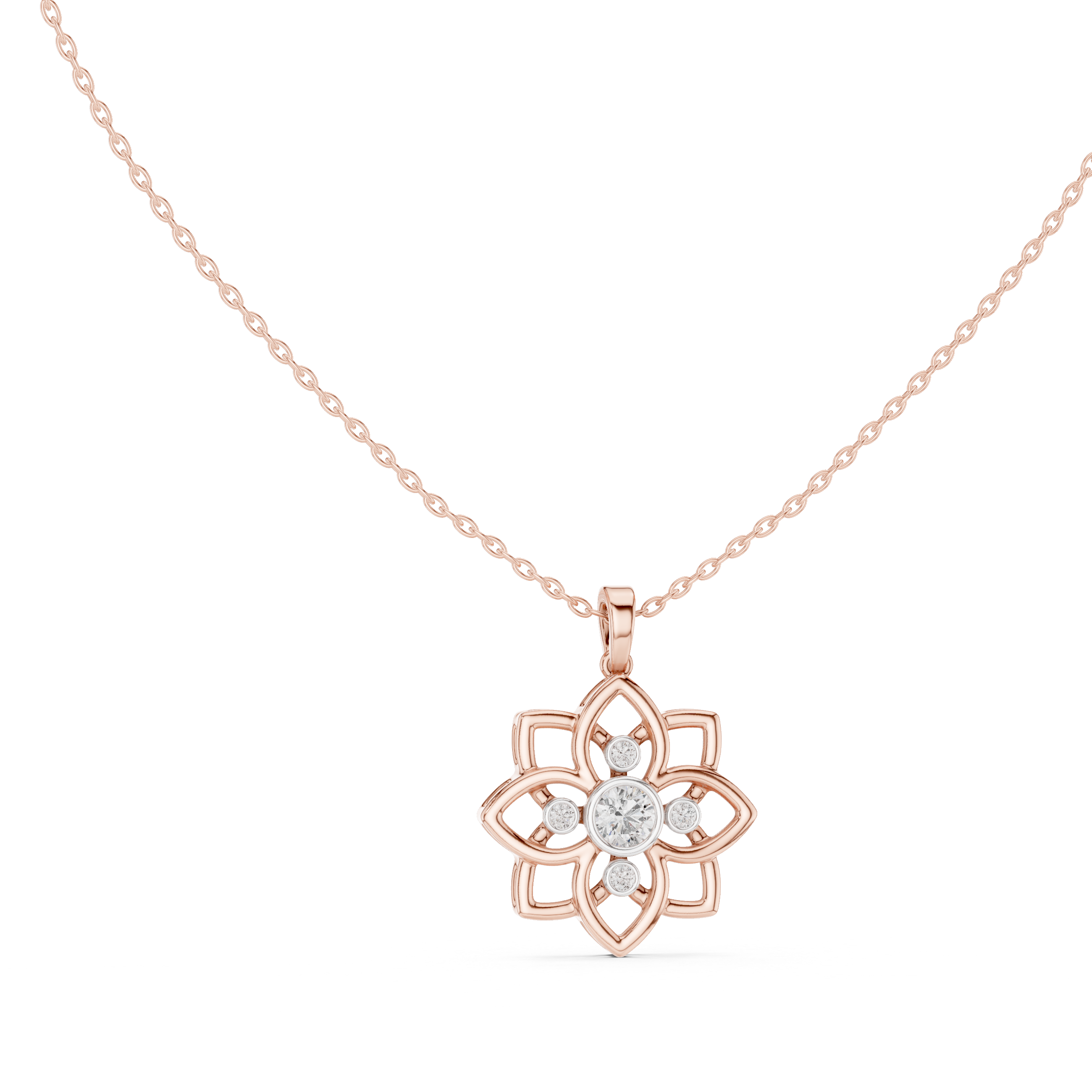Floral diamond pendant on rose gold chain