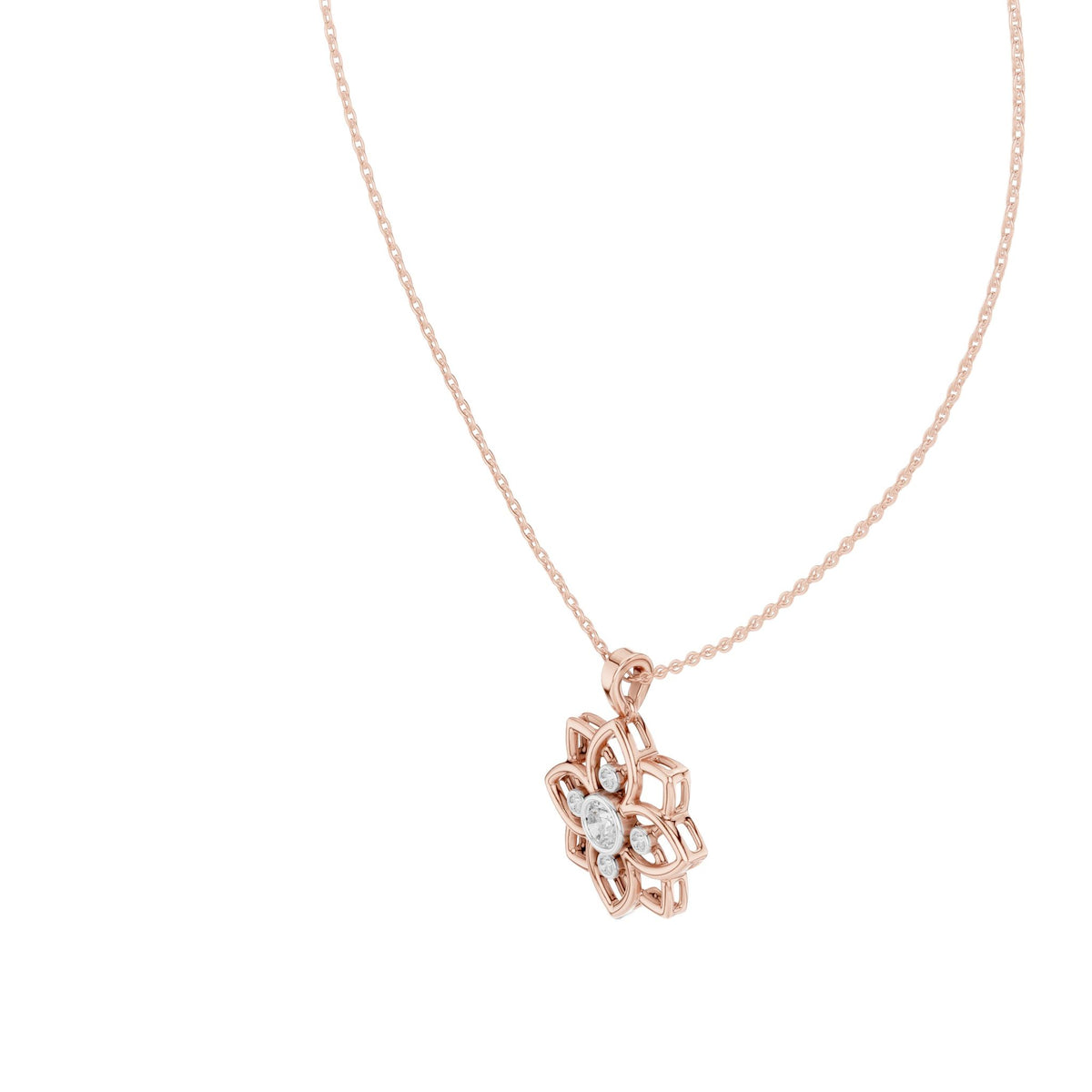 Floral diamond pendant close-up on rose gold chain