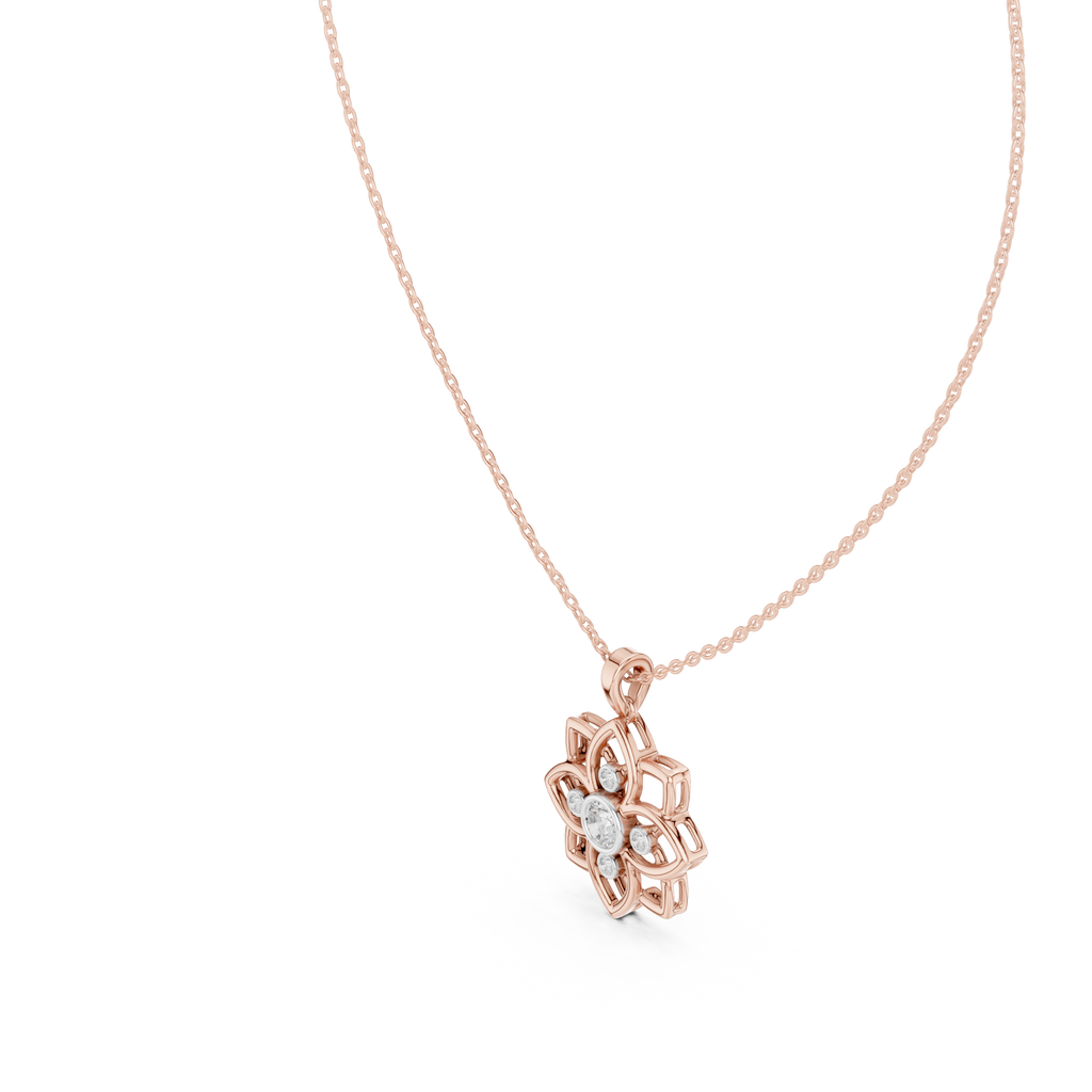 Floral diamond pendant close-up on rose gold chain