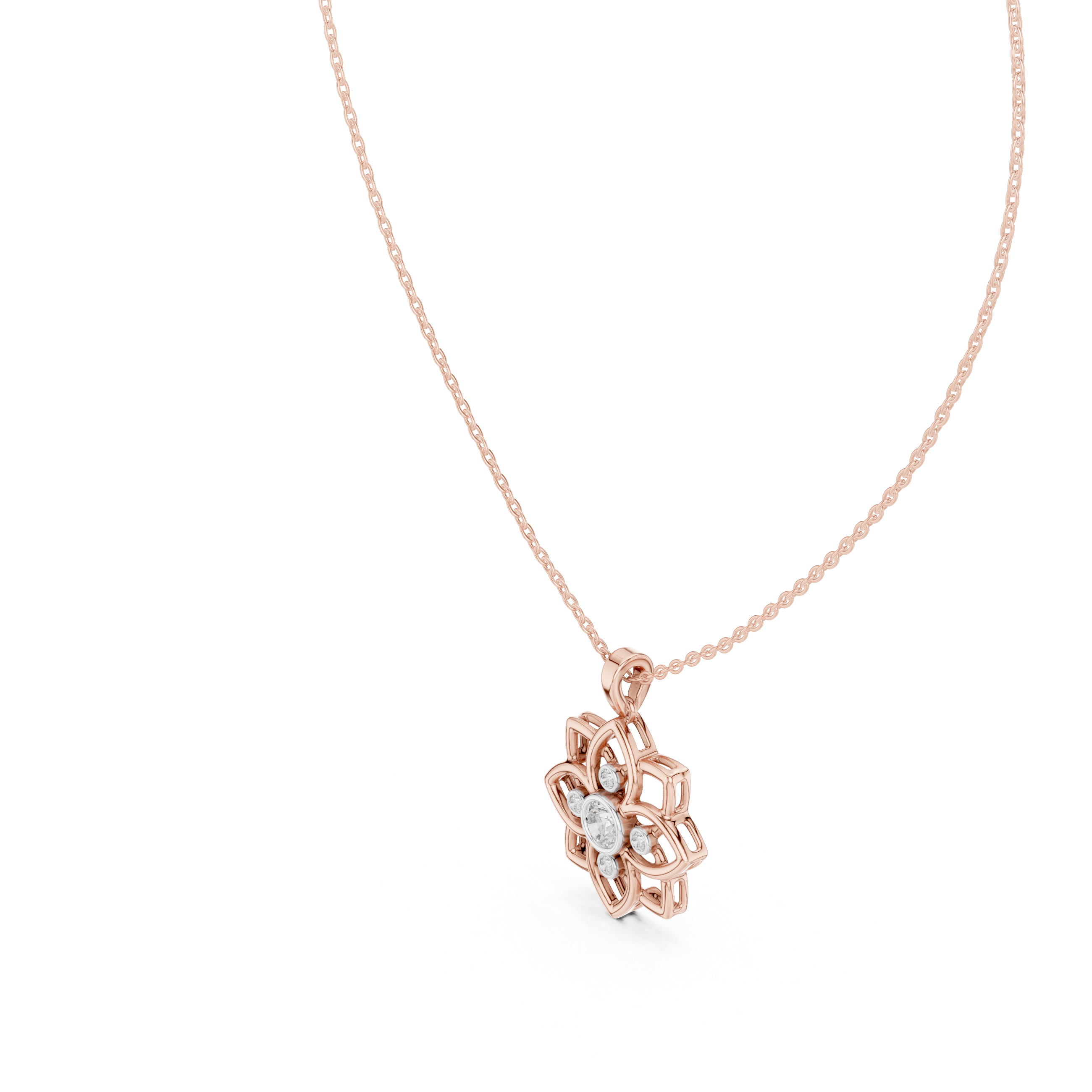 Floral diamond pendant close-up on rose gold chain
