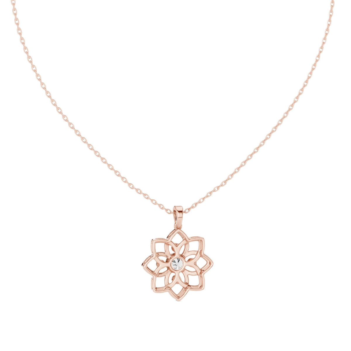 Floral diamond pendant on rose gold chain, front view