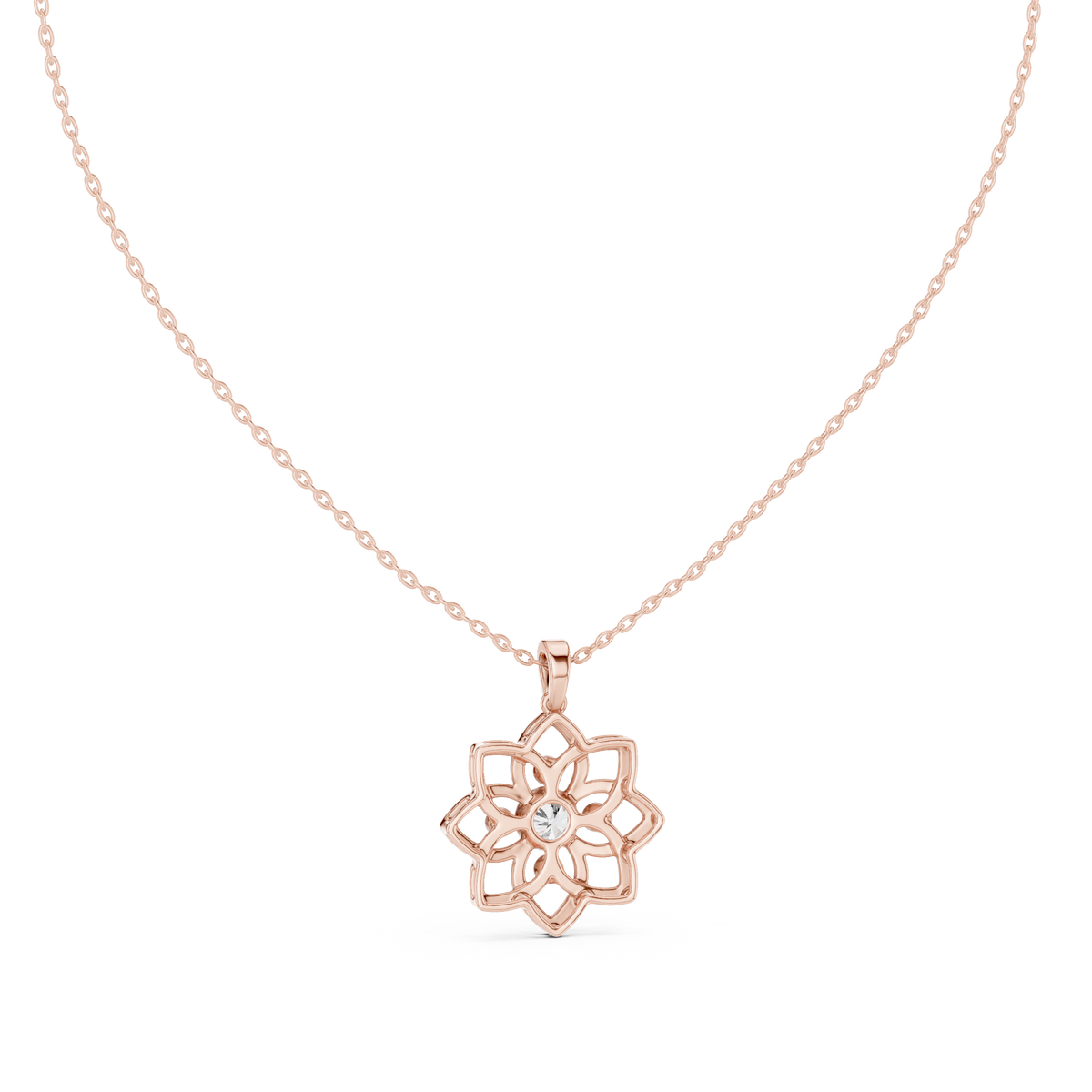 Floral diamond pendant on rose gold chain, front view
