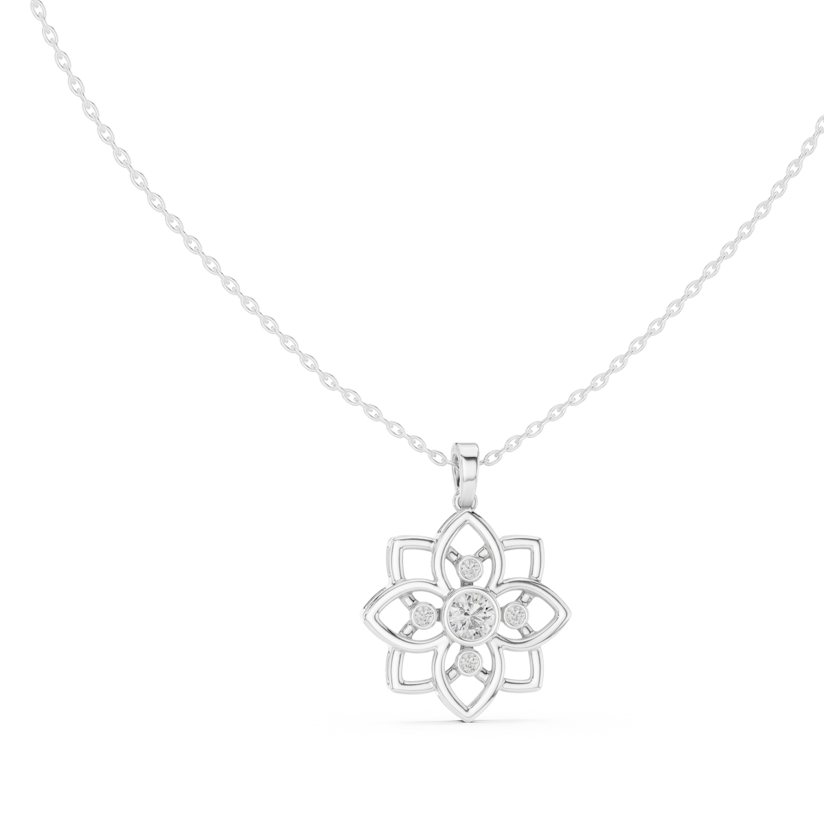 White gold lotus diamond pendant with round stones and linked chain