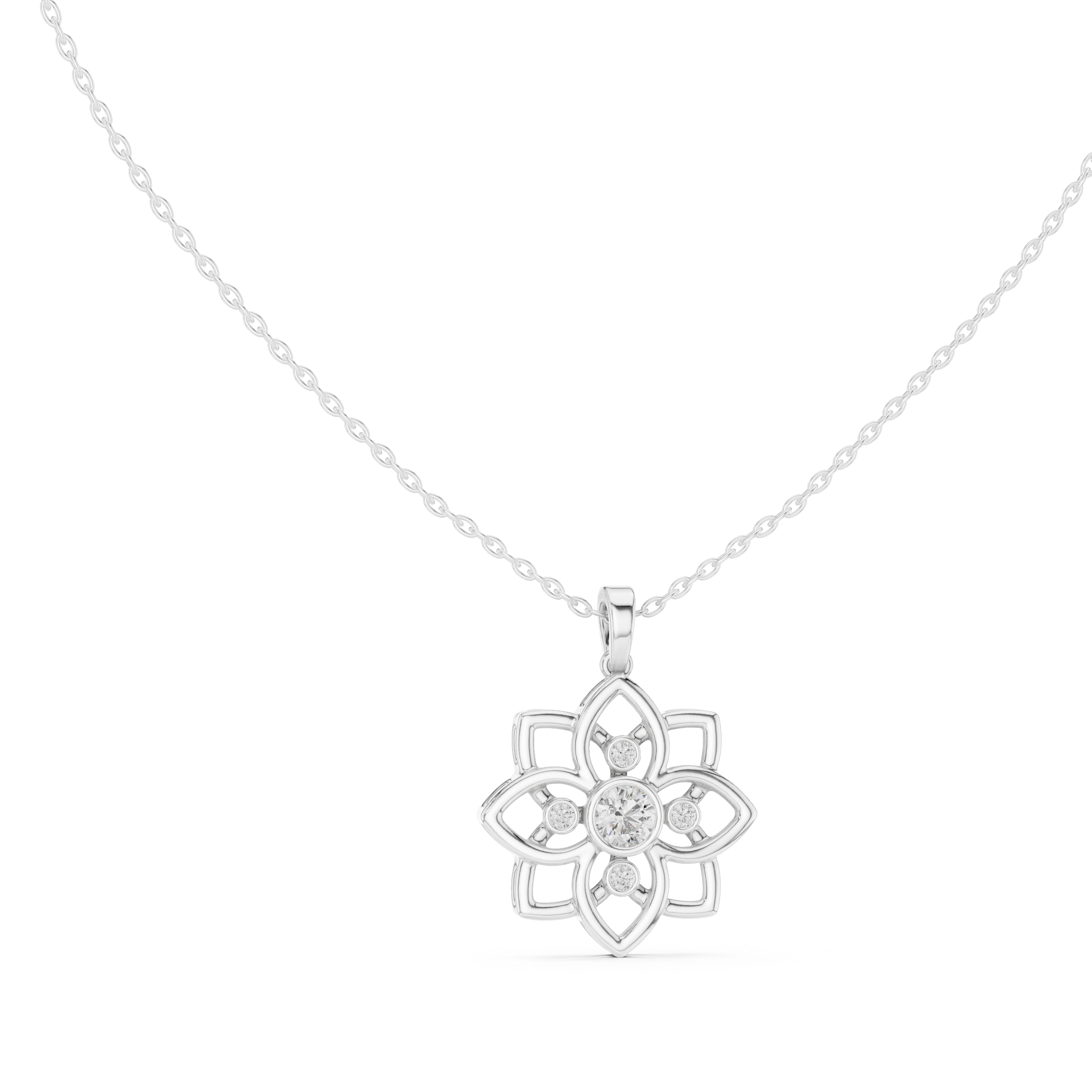 White gold lotus diamond pendant with round stones and linked chain