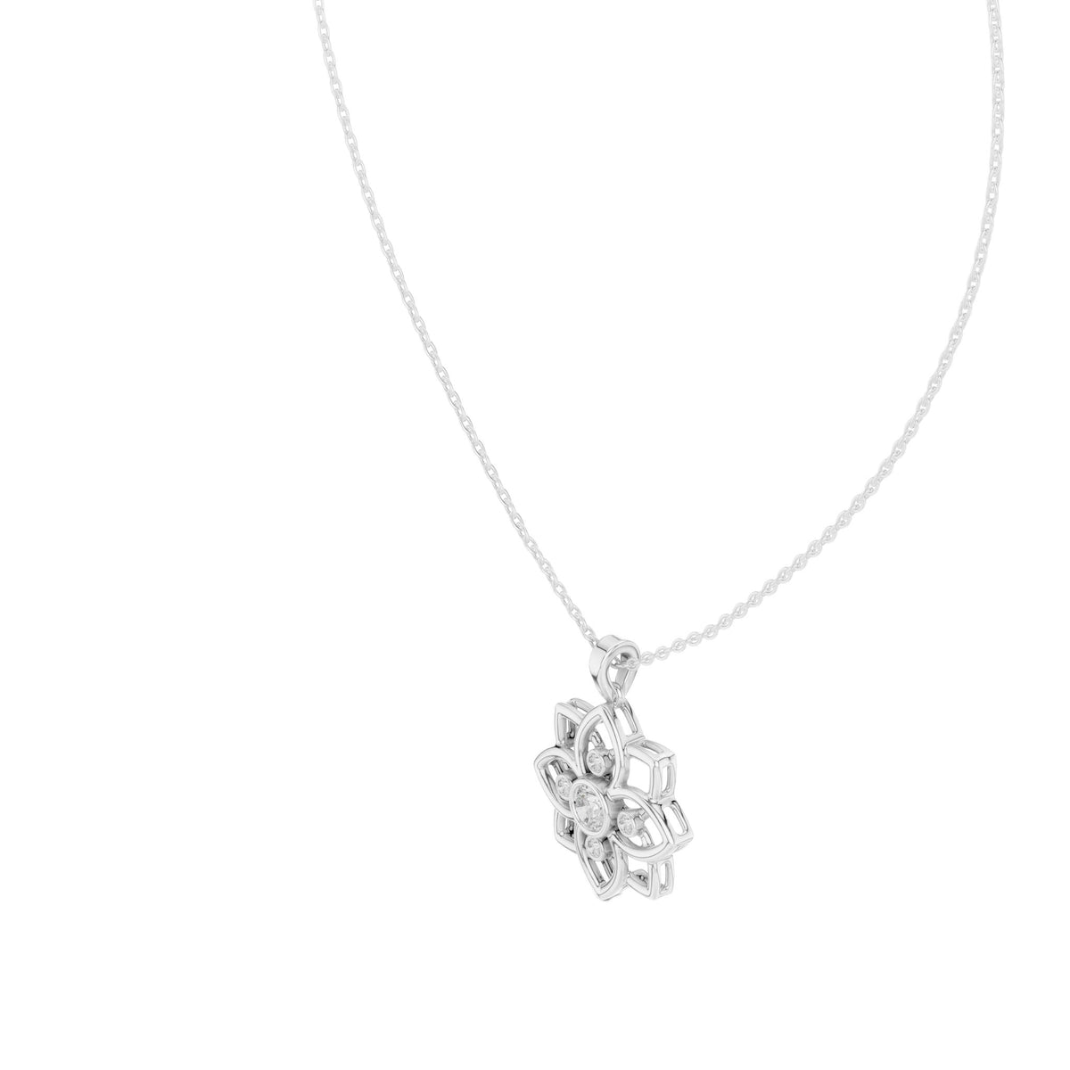 White gold lotus diamond pendant detail with round stones and bail opening