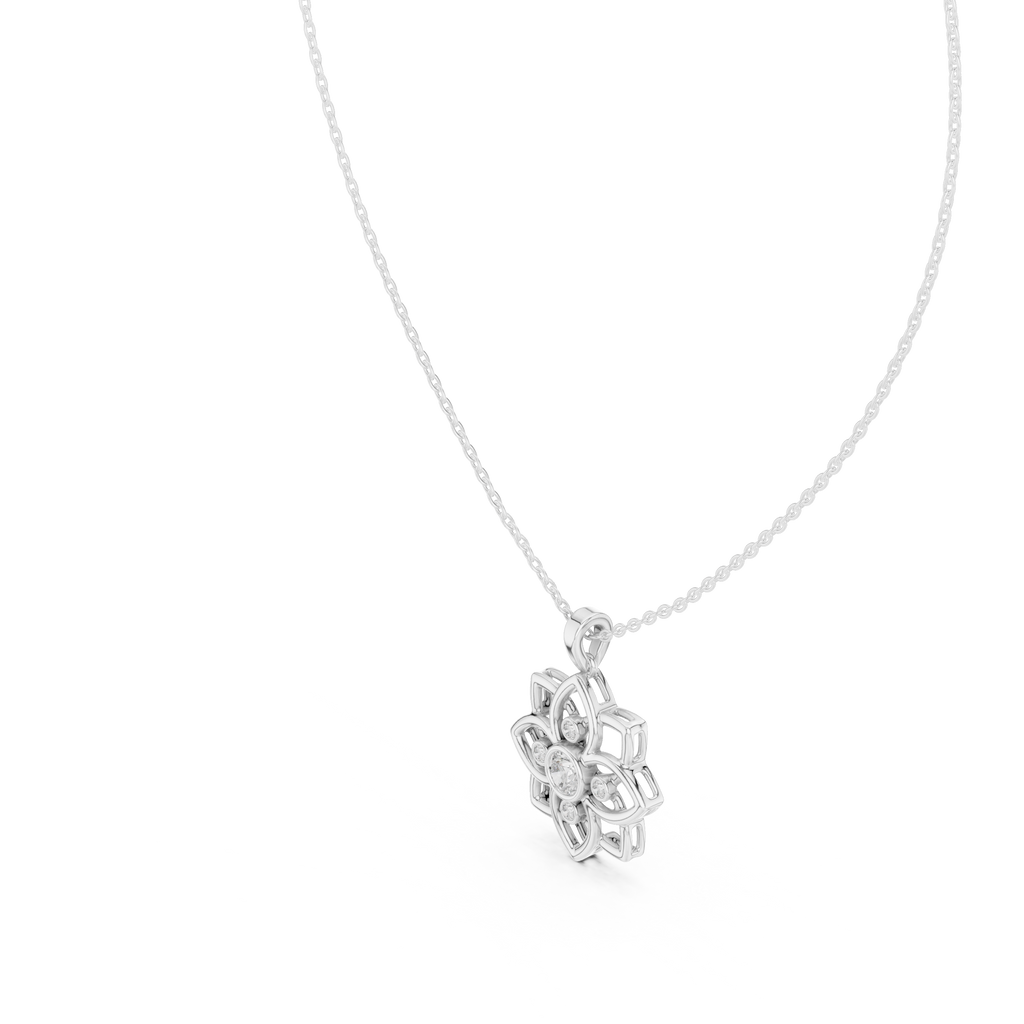 White gold lotus diamond pendant detail with round stones and bail opening