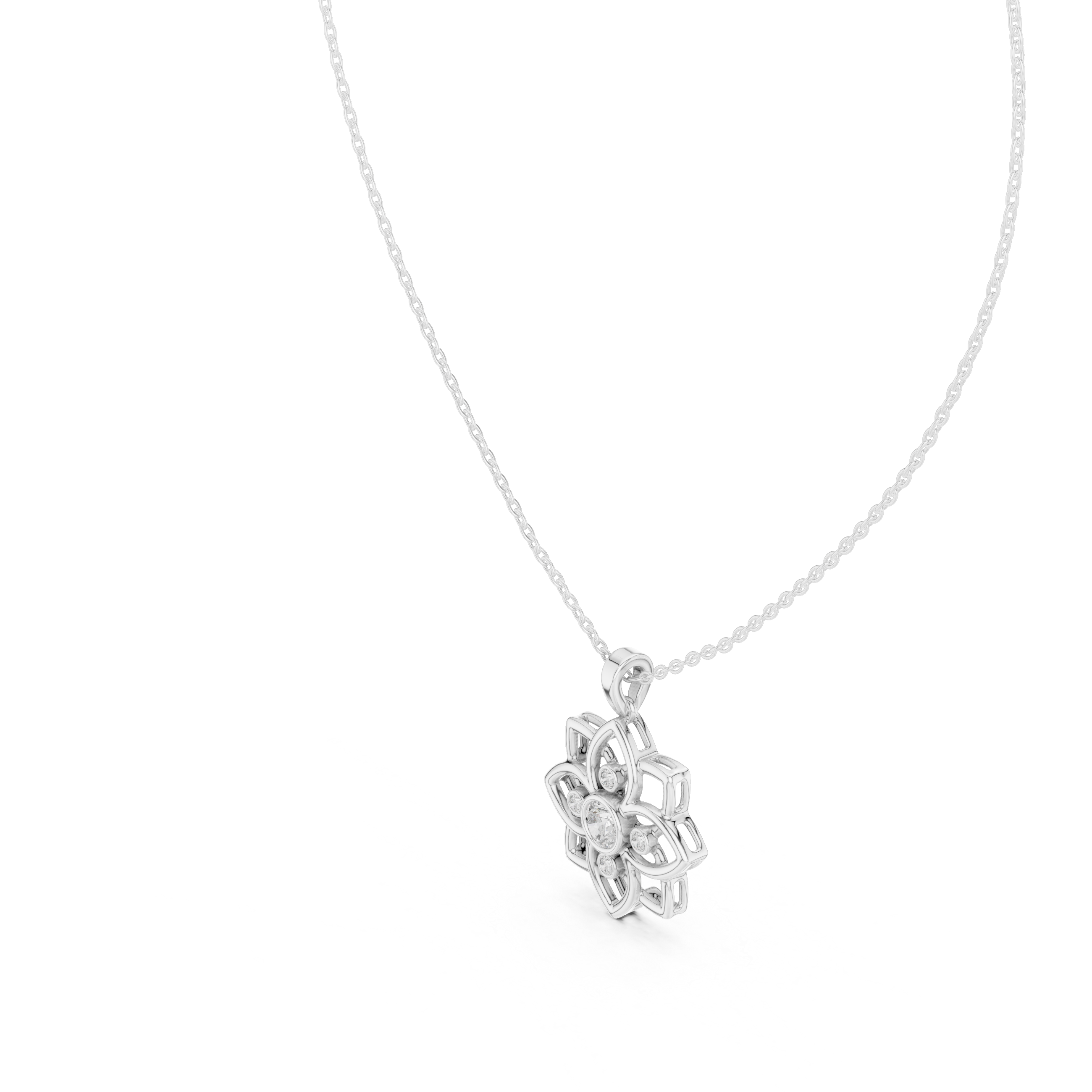 White gold lotus diamond pendant detail with round stones and bail opening