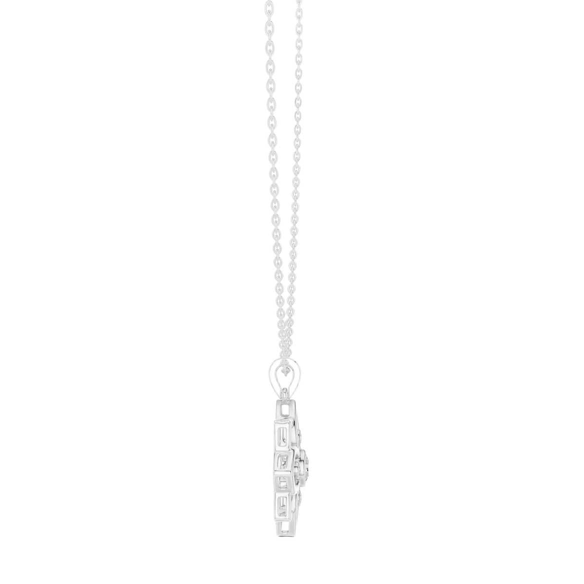 White gold pendant on link chain with small geometric clasp and stones