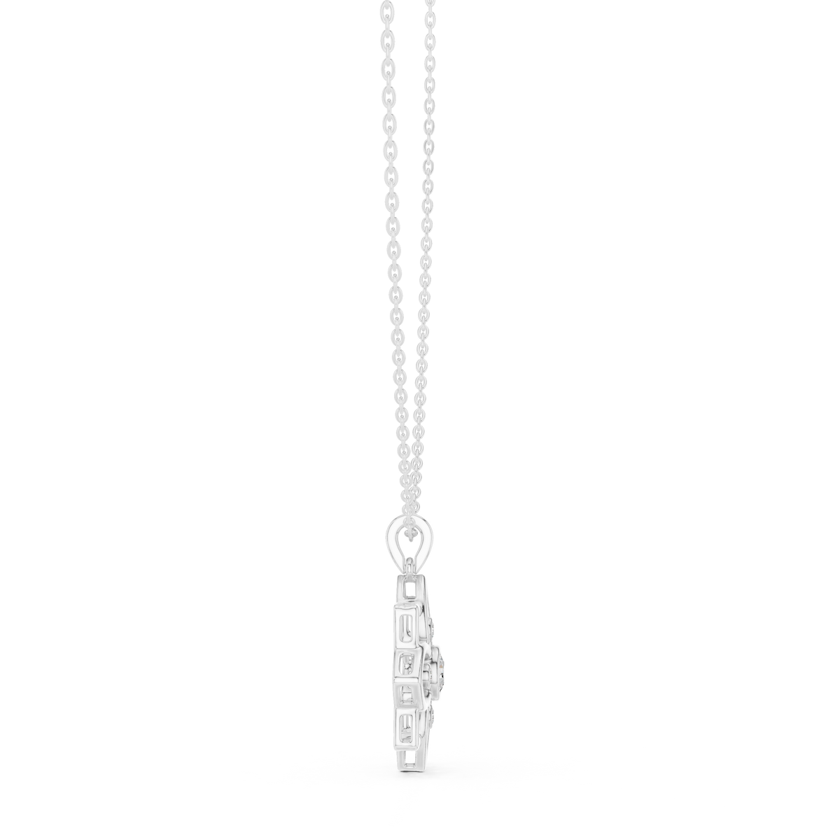 White gold pendant on link chain with small geometric clasp and stones