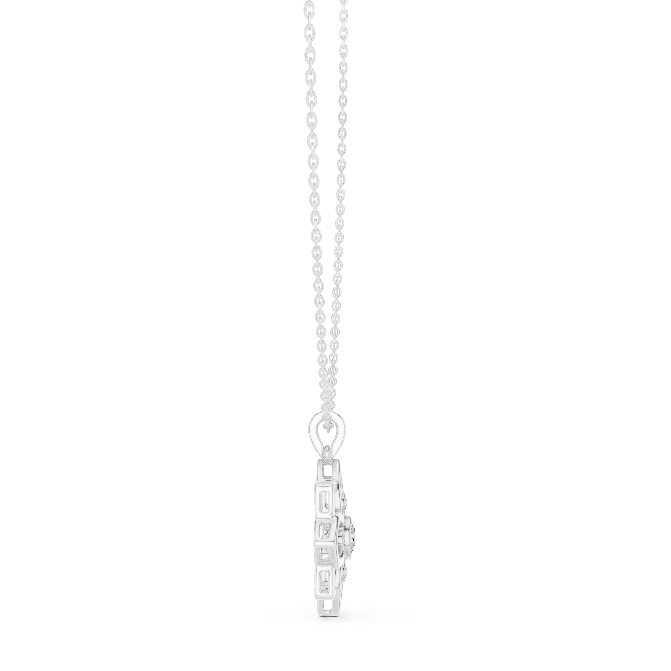 White gold pendant on link chain with small geometric clasp and stones