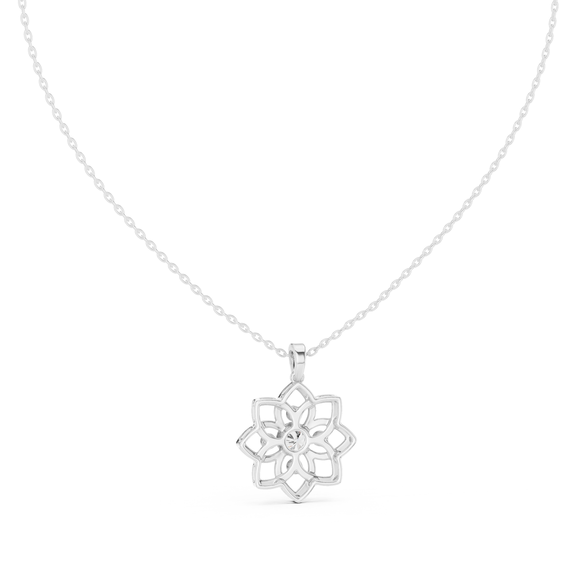 White gold openwork flower diamond pendant on chain