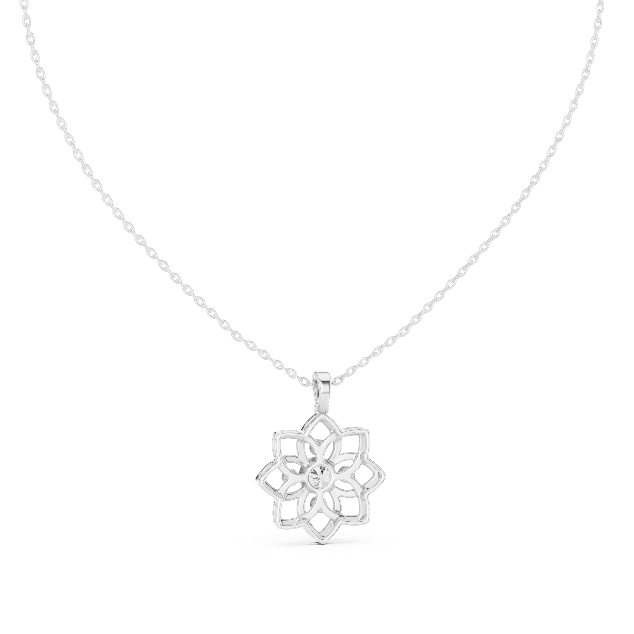 Floral diamond pendant on white metal chain