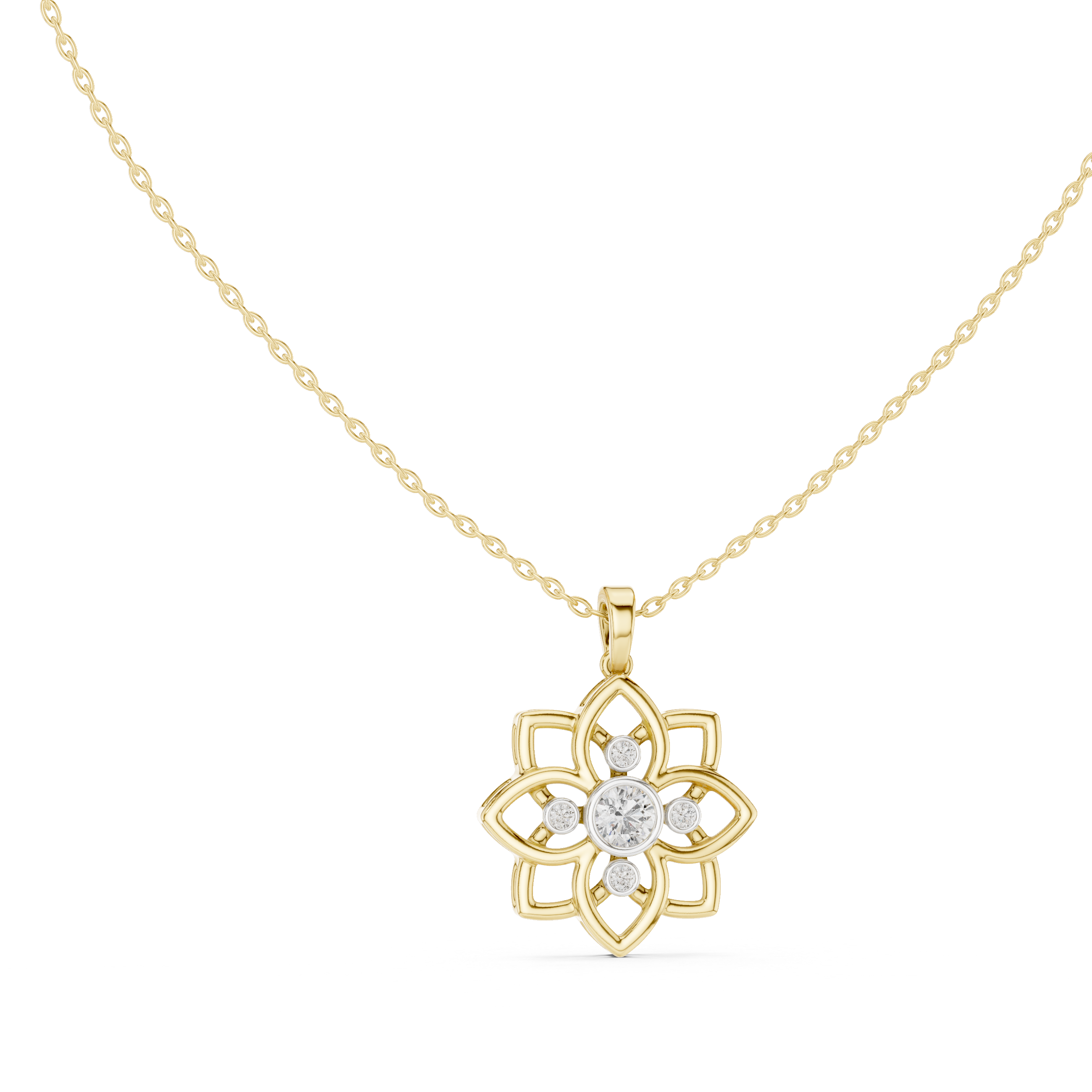 Yellow gold openwork flower diamond pendant on chain