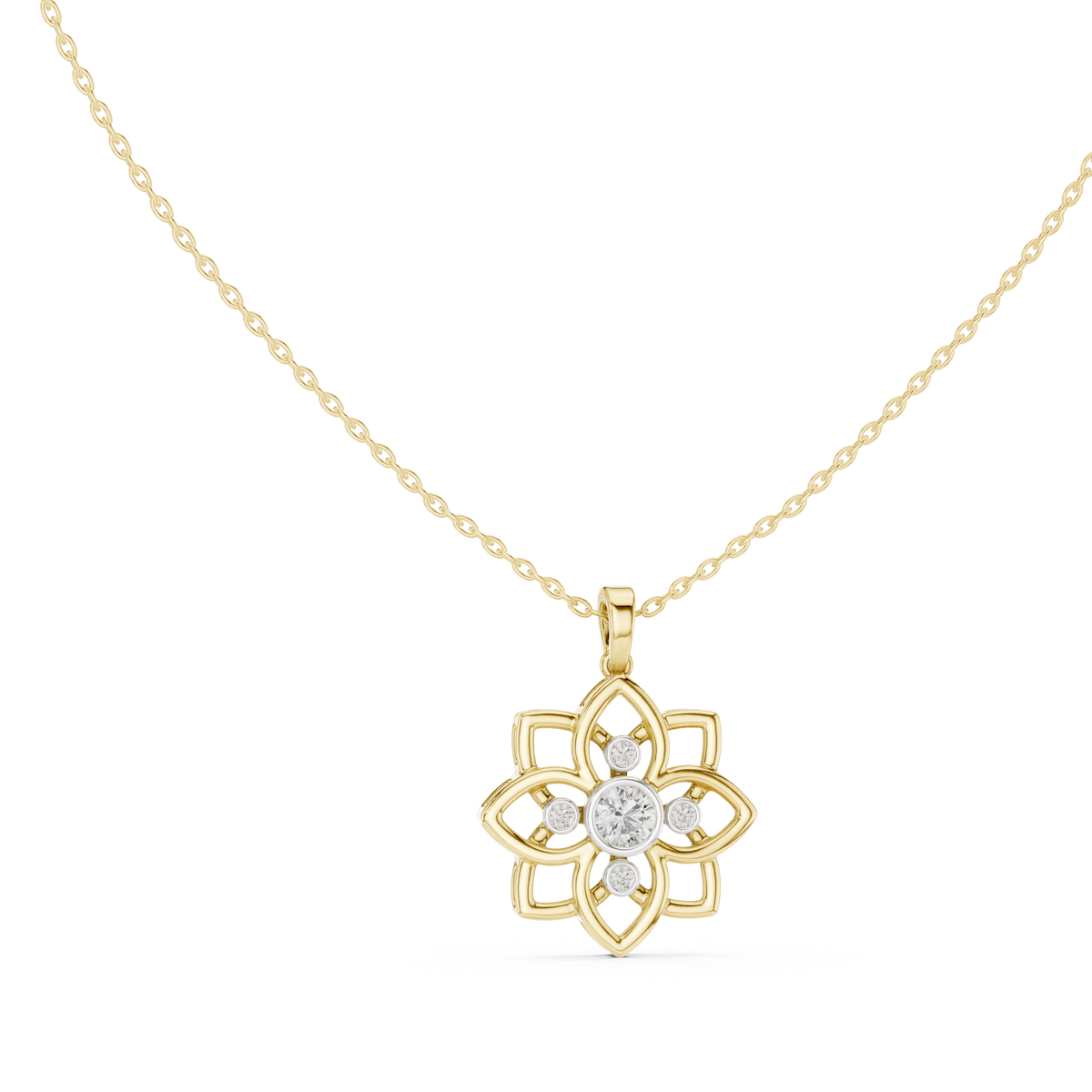 Yellow gold openwork flower diamond pendant on chain