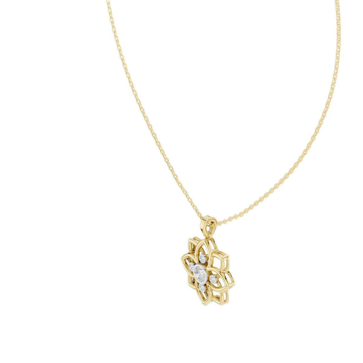 Yellow gold openwork flower diamond pendant with stones, side view