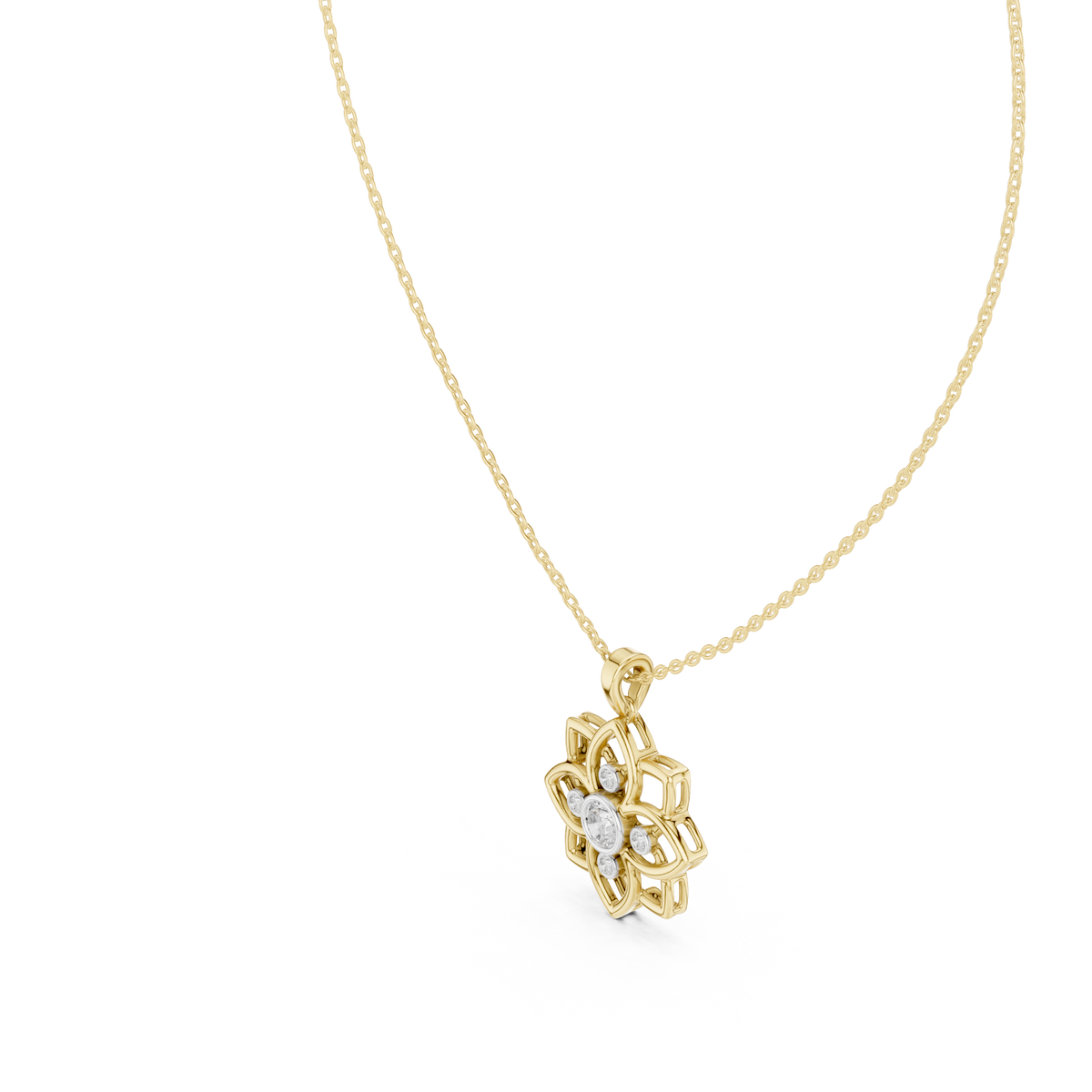 Yellow gold openwork flower diamond pendant with stones, side view