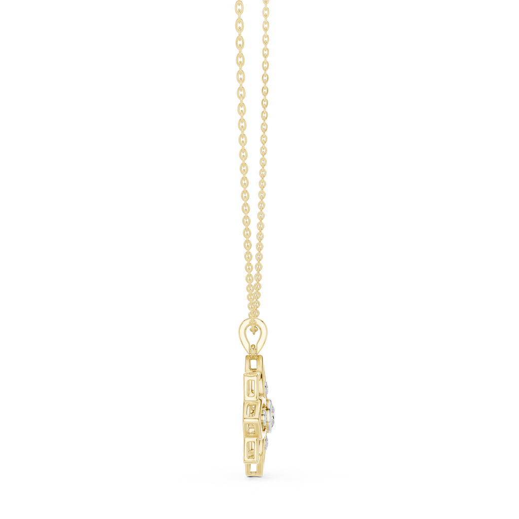 Yellow gold pendant on link chain with small geometric clasp and stones