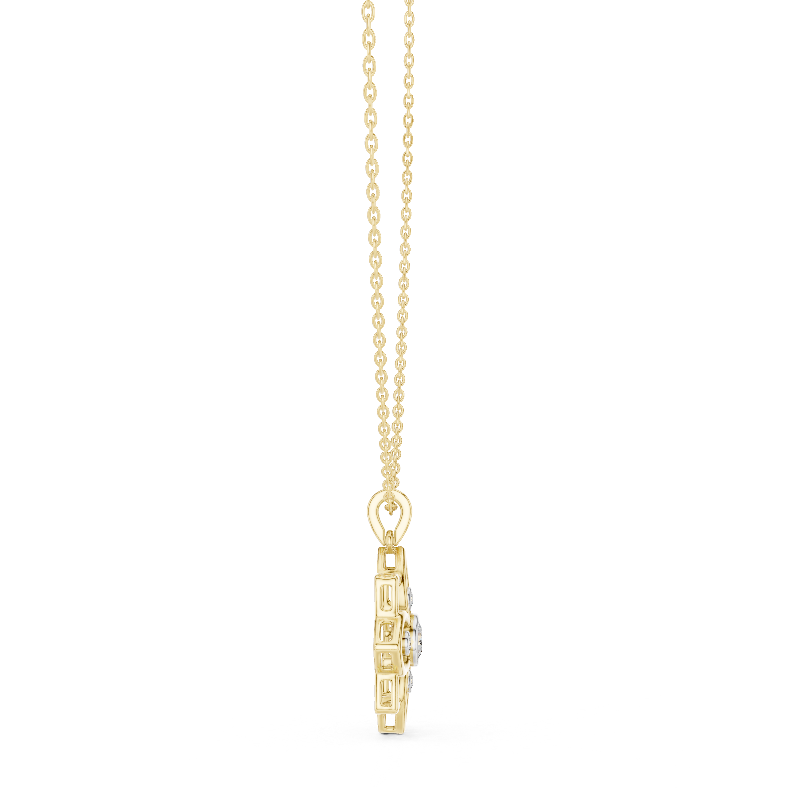 Yellow gold pendant on link chain with small geometric clasp and stones