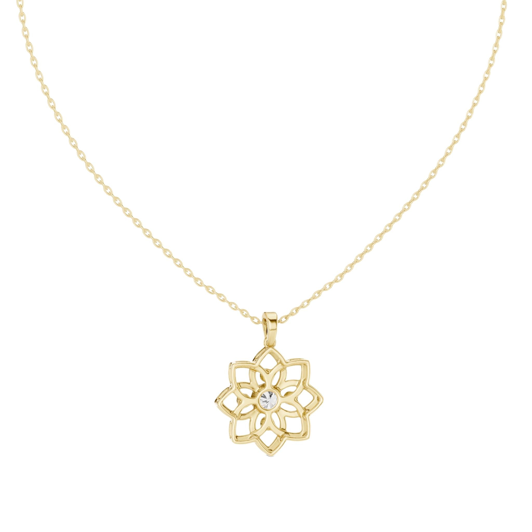 Yellow gold openwork flower diamond pendant on chain, front view