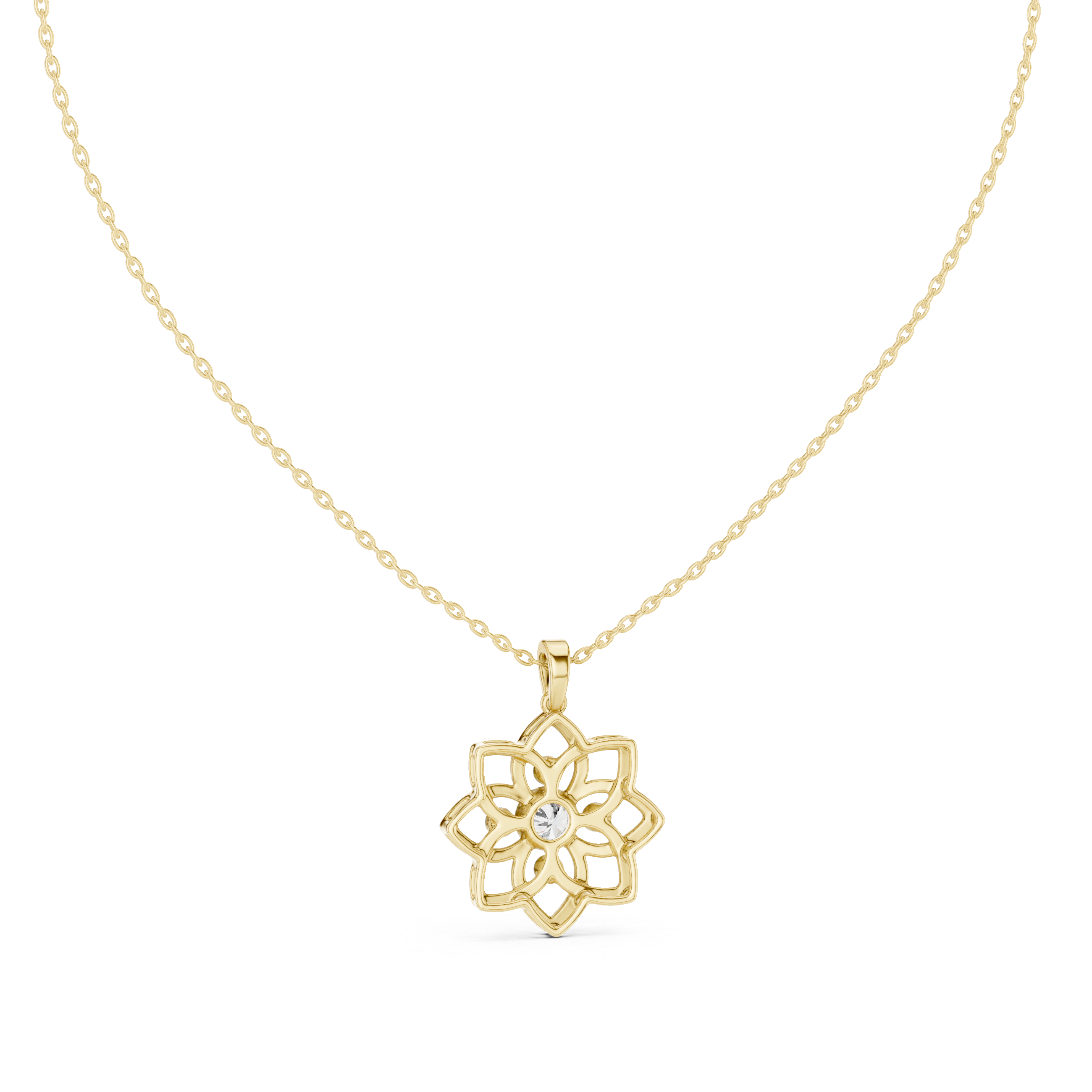 Yellow gold openwork flower diamond pendant on chain, front view