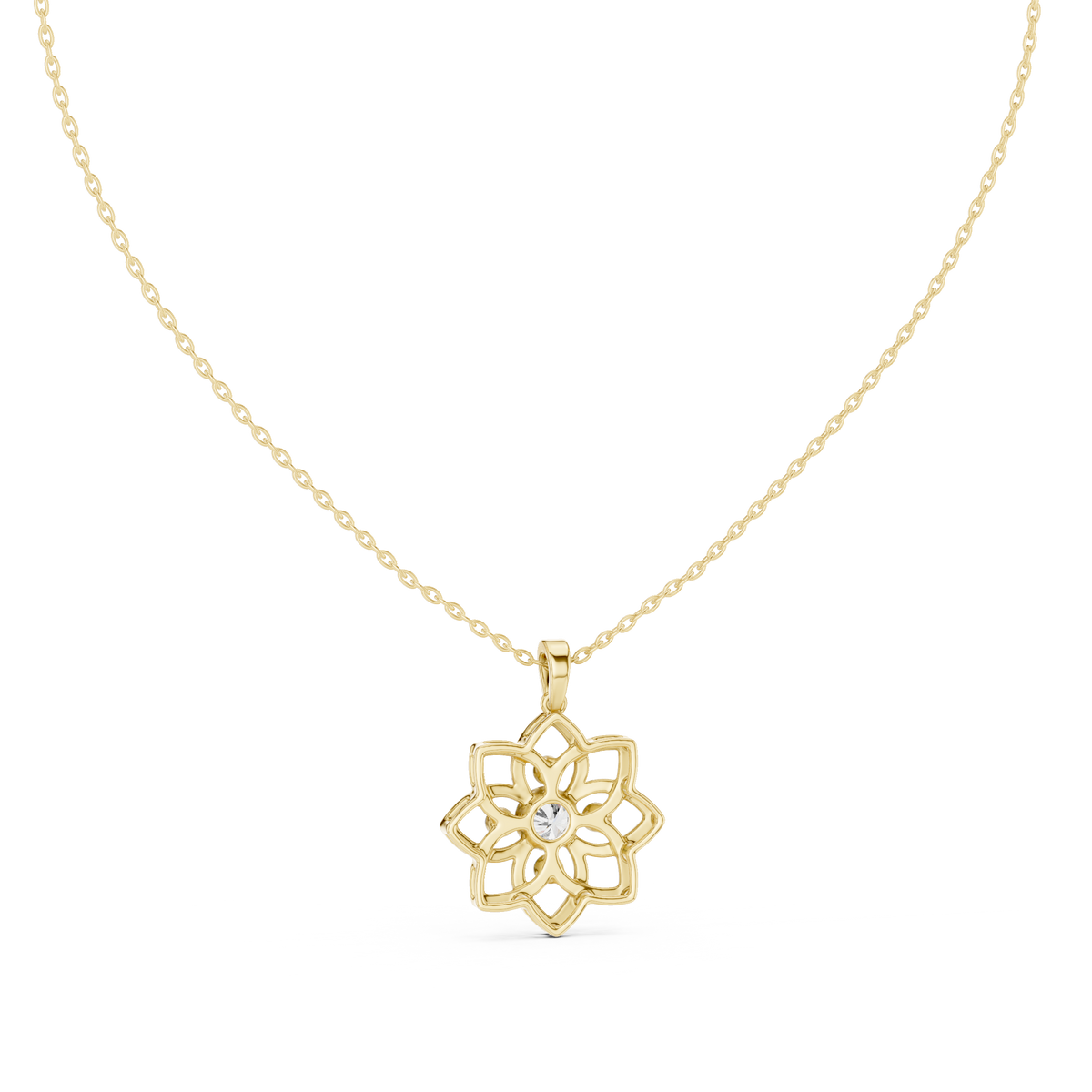 Yellow gold openwork flower diamond pendant on chain, front view