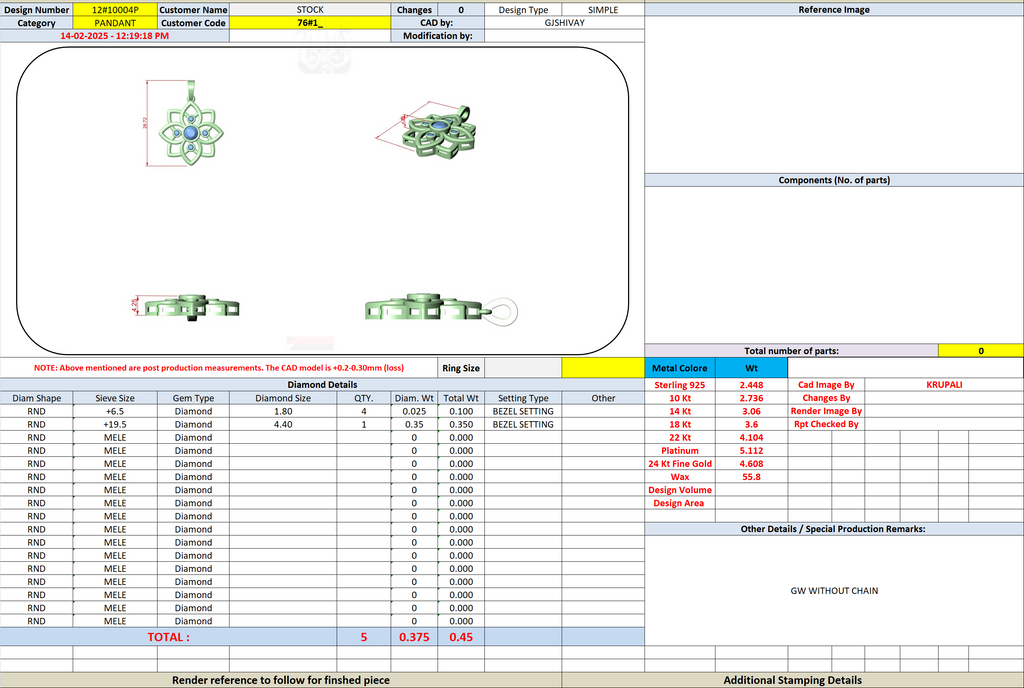 Jewelry design specification sheet for floral diamond pendant