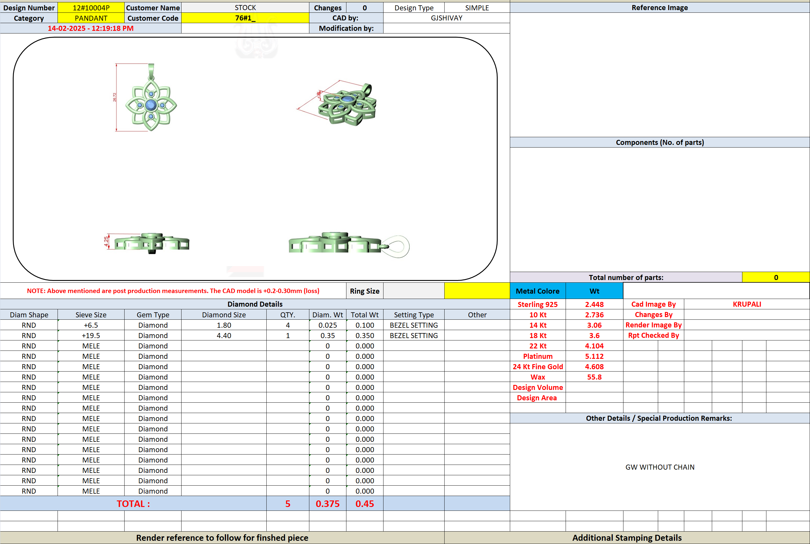 Jewelry design specification sheet for floral diamond pendant