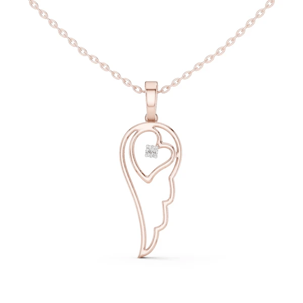 Rose gold heart-shaped angel wing pendant with round diamond