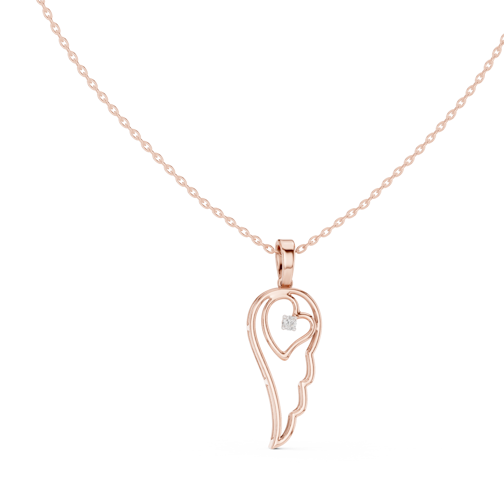 Rose gold heart-and-wing diamond pendant with round center diamond on chain