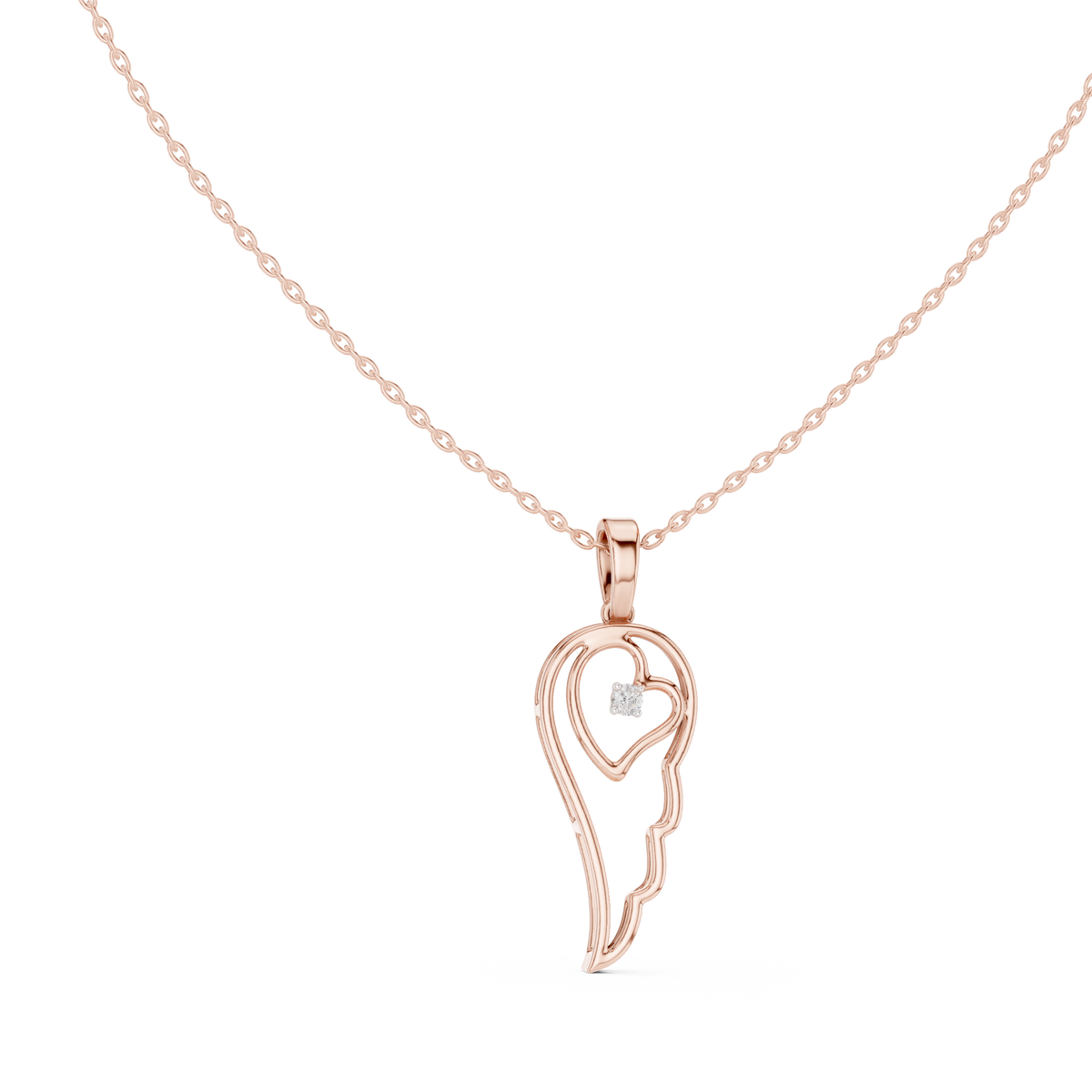 Rose gold heart-and-wing diamond pendant with round center diamond on chain