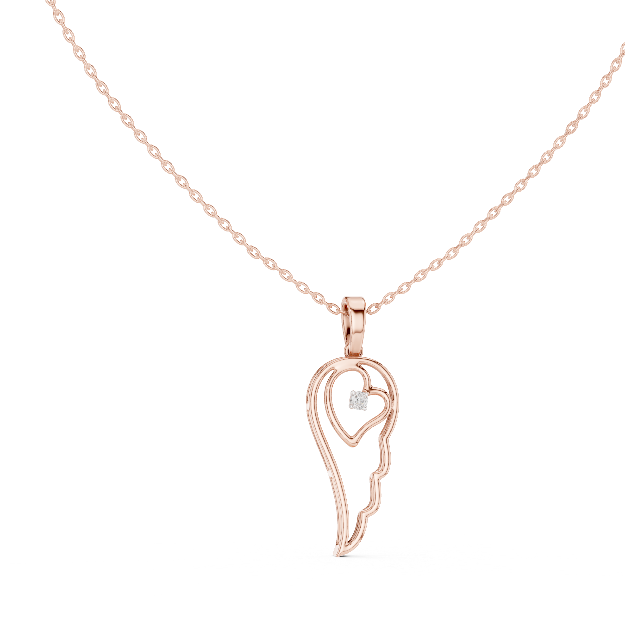 Rose gold heart-and-wing diamond pendant with round center diamond on chain