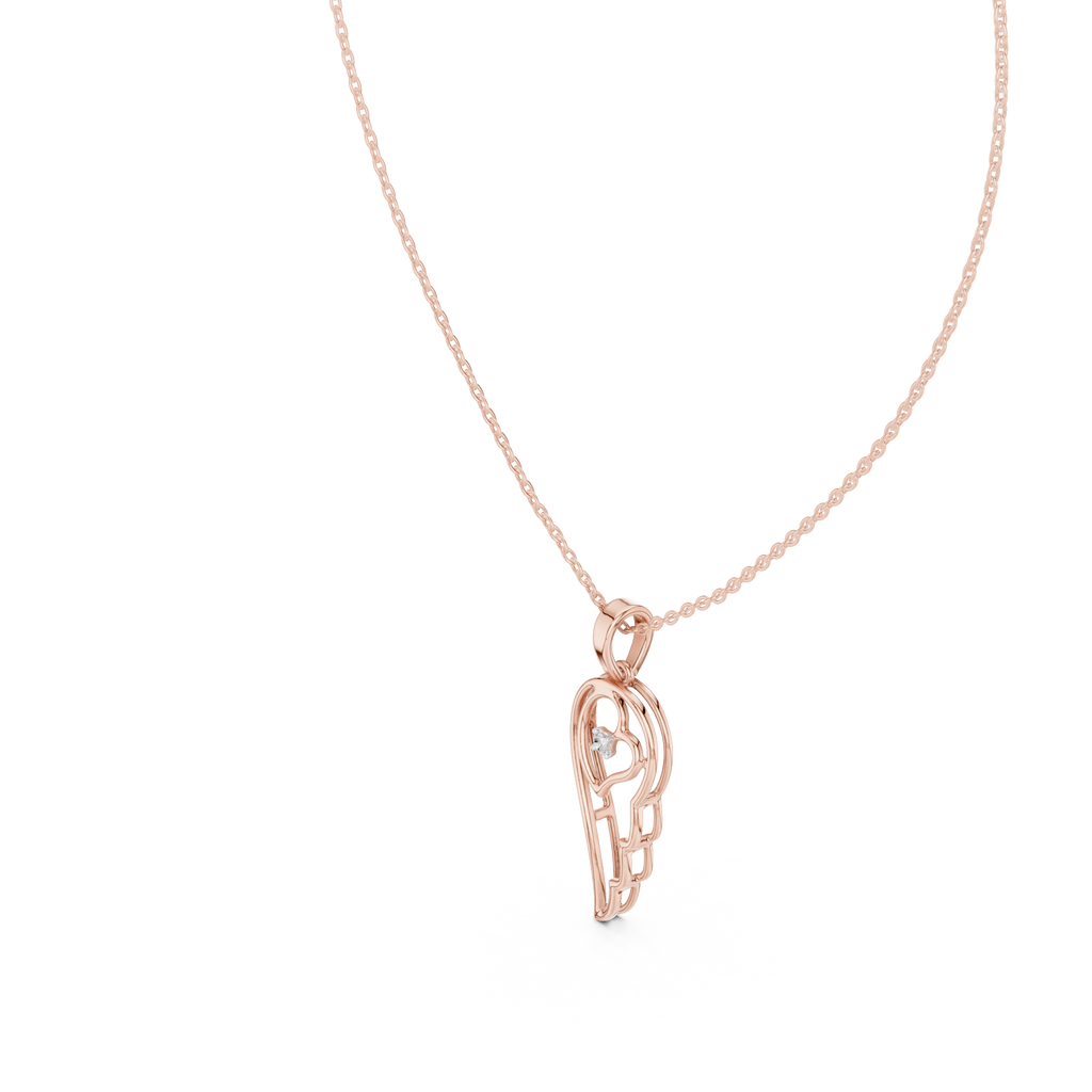 Rose gold heart-and-wing diamond pendant close-up with round center diamond