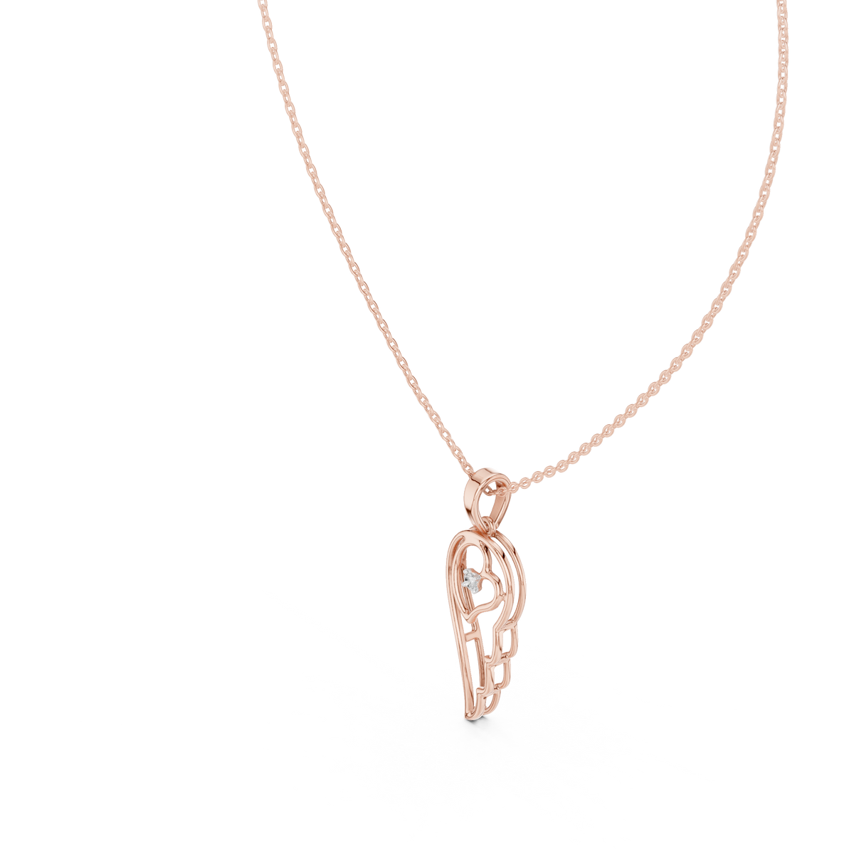 Rose gold heart-and-wing diamond pendant close-up with round center diamond