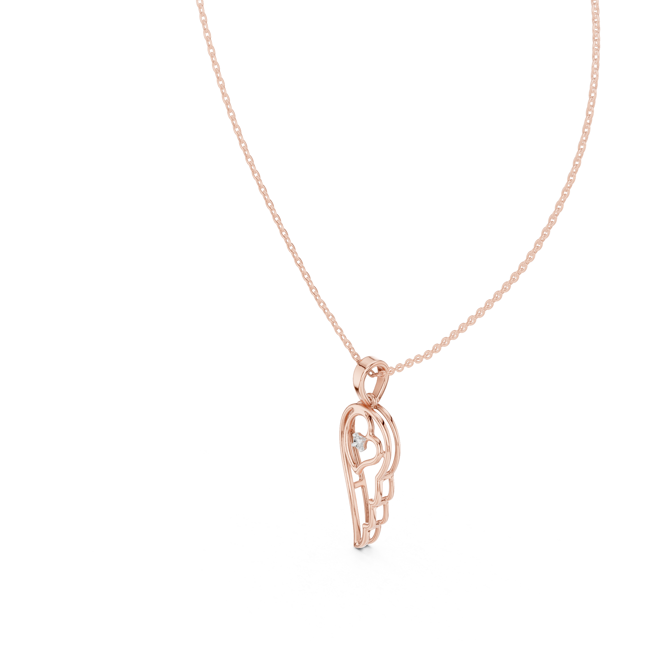 Rose gold heart-and-wing diamond pendant close-up with round center diamond