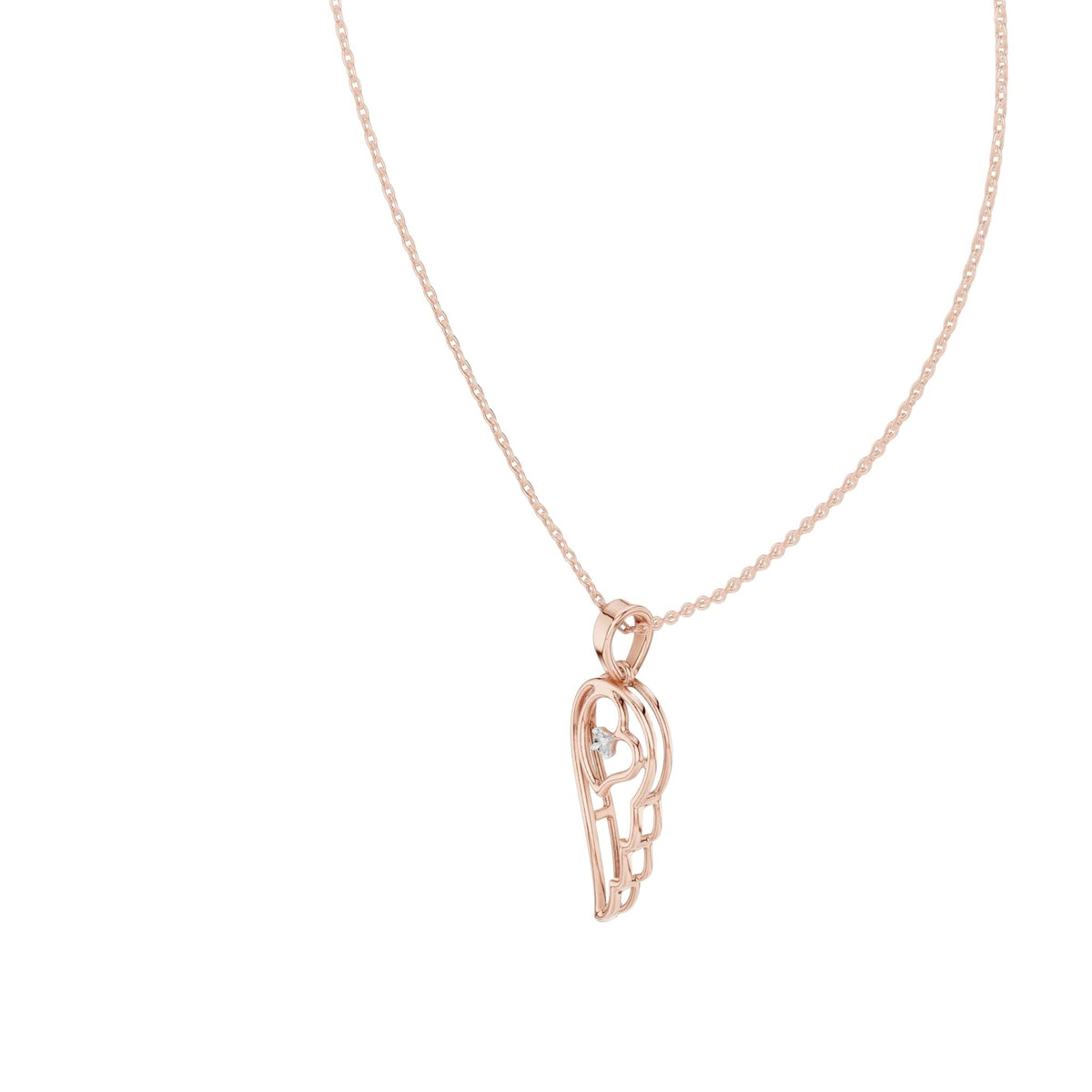 Rose gold heart-and-wing diamond pendant close-up with round center diamond