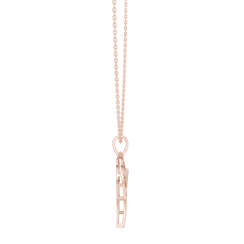Rose gold heart-and-wing diamond pendant with round center diamond on chain