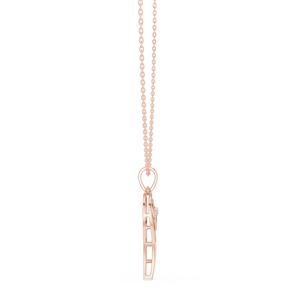 Rose gold heart-and-wing diamond pendant with round center diamond on chain