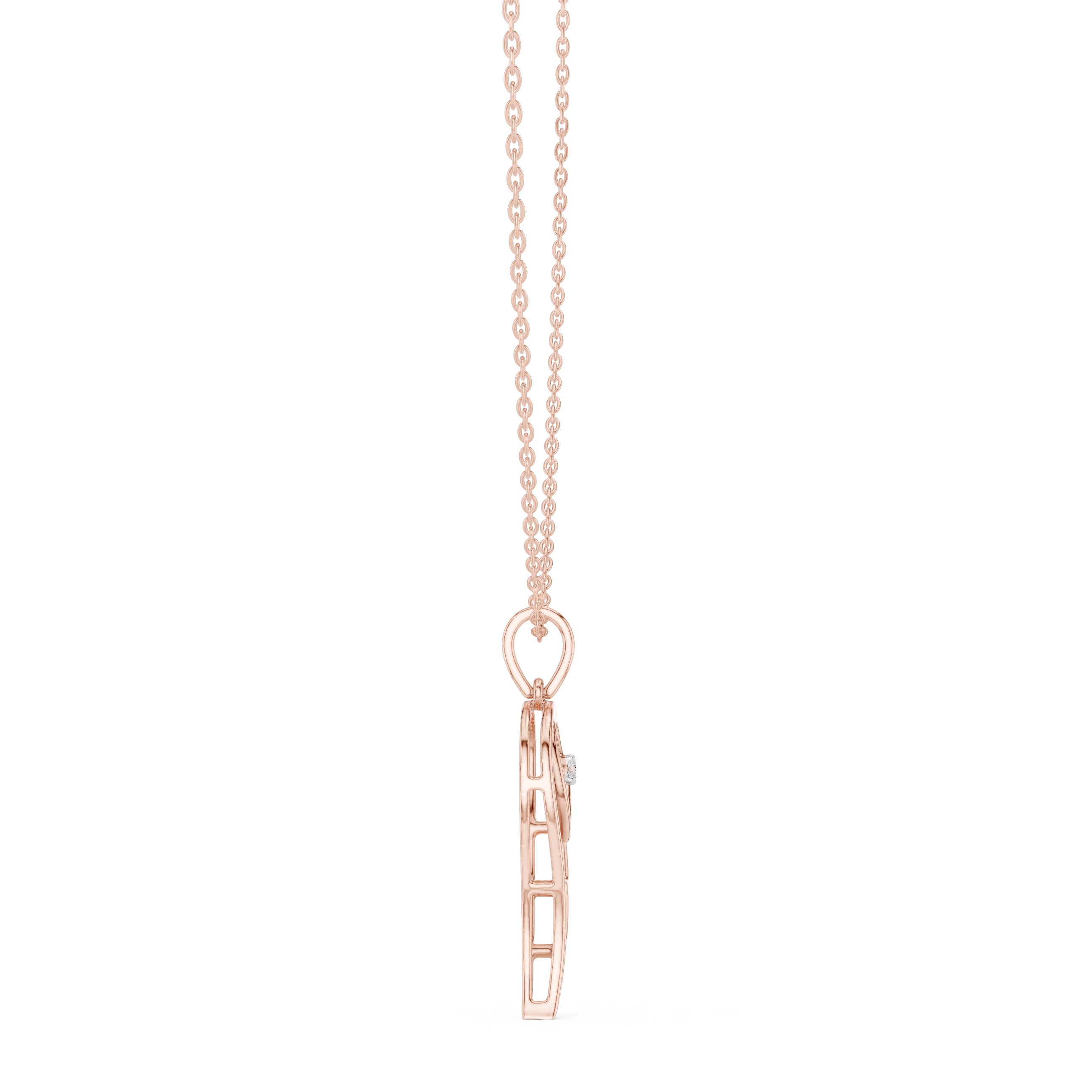 Rose gold heart-and-wing diamond pendant with round center diamond on chain