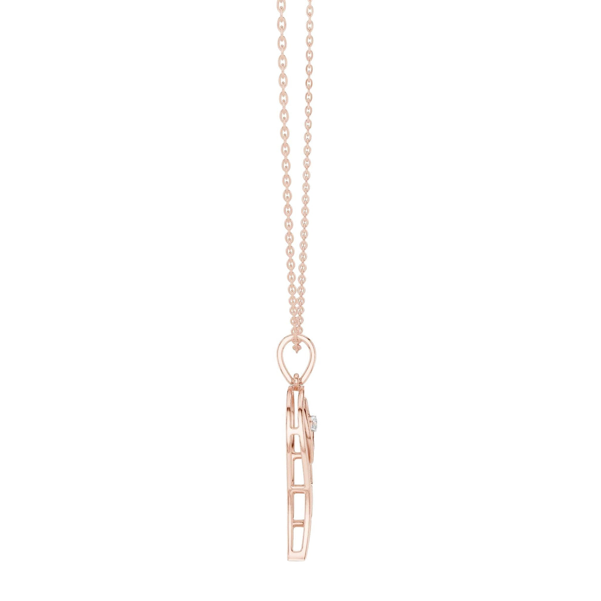 Rose gold heart-and-wing diamond pendant with round center diamond on chain