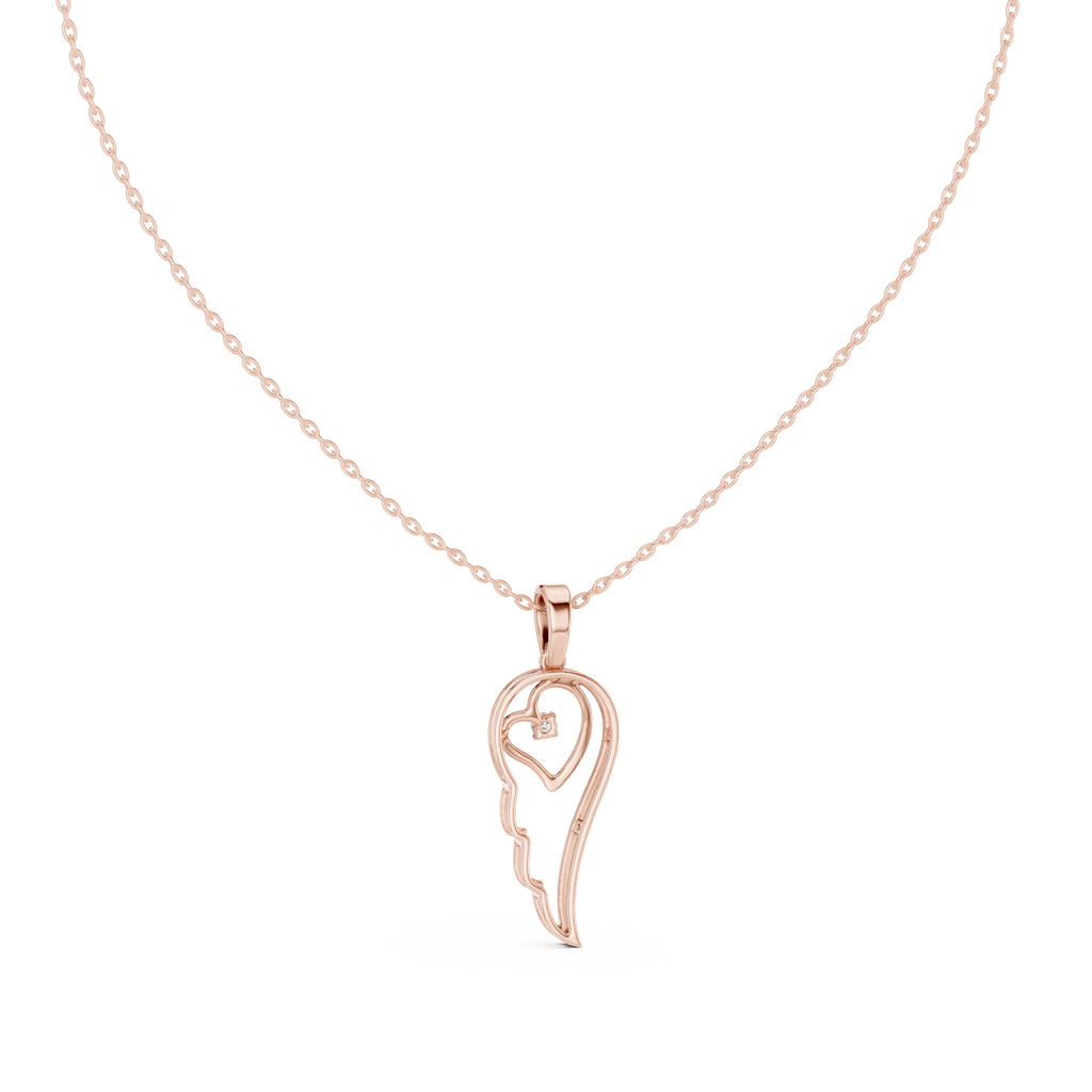 Rose gold heart-and-wing diamond pendant with round center stone on chain