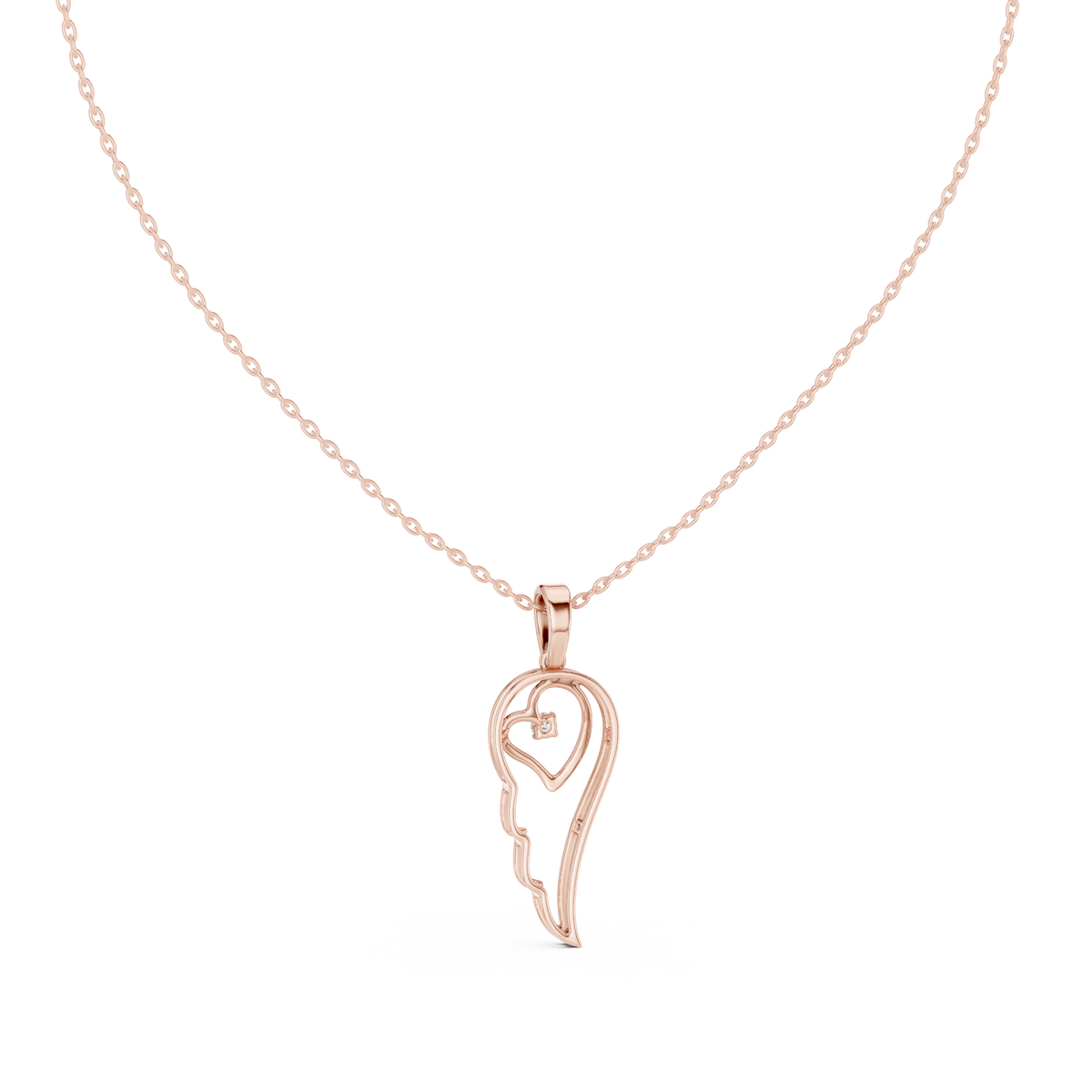 Rose gold heart-and-wing diamond pendant with round center stone on chain