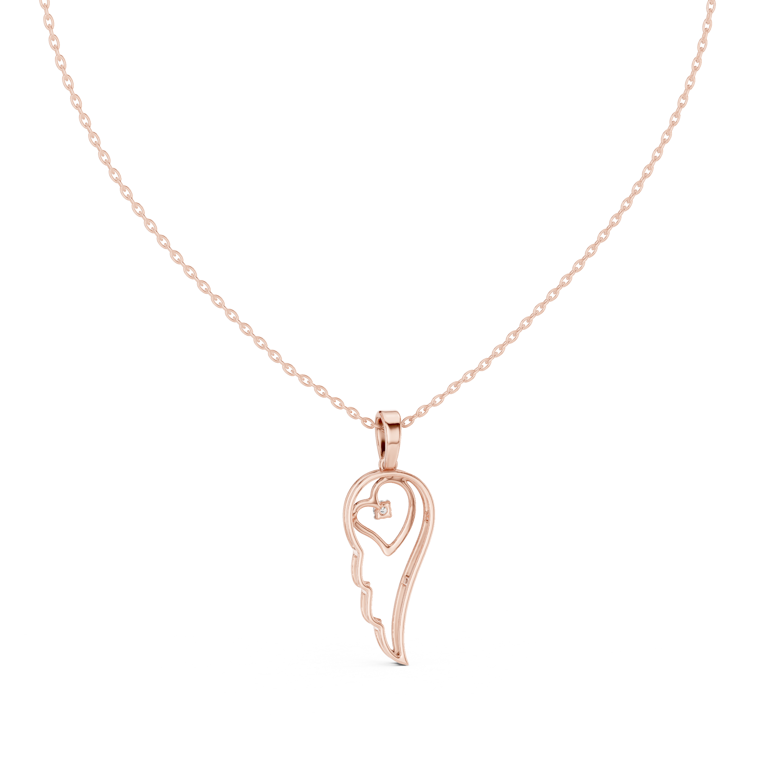 Rose gold heart-and-wing diamond pendant with round center stone on chain