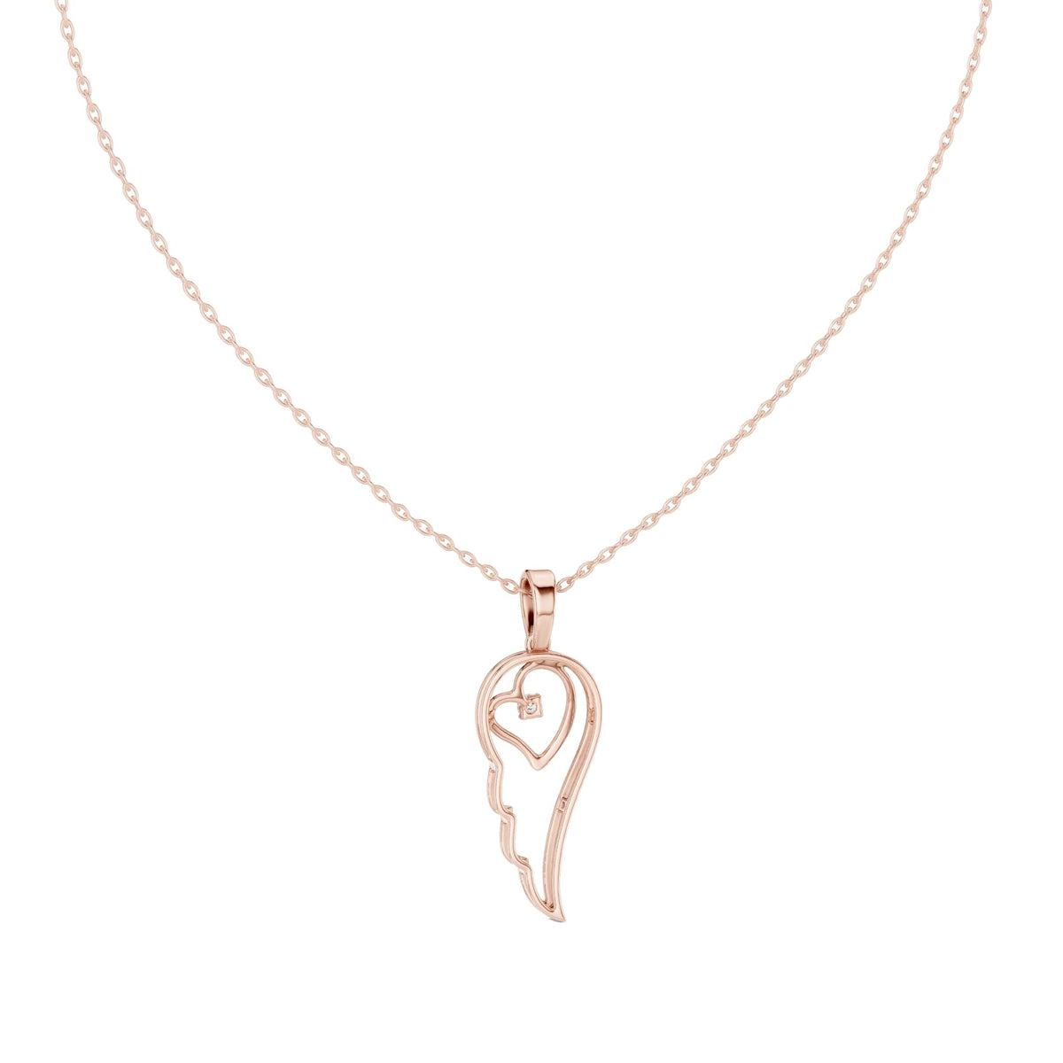 Rose gold heart-and-wing diamond pendant with round center stone on chain