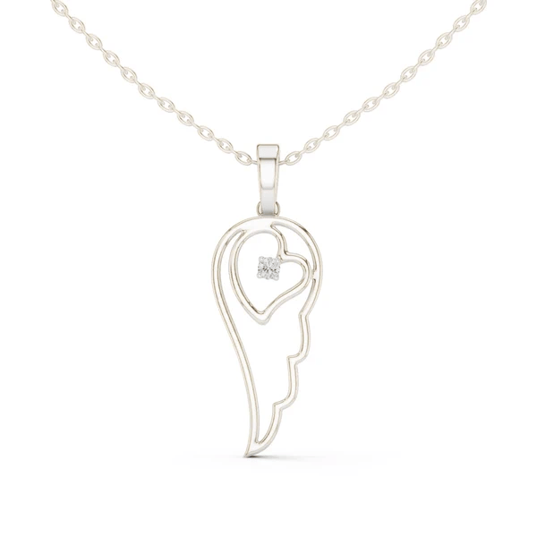 White gold heart-shaped angel wing pendant with round diamond
