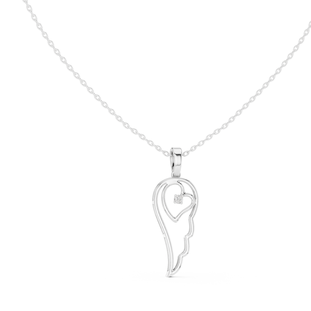 White gold heart angel wing pendant with round diamond