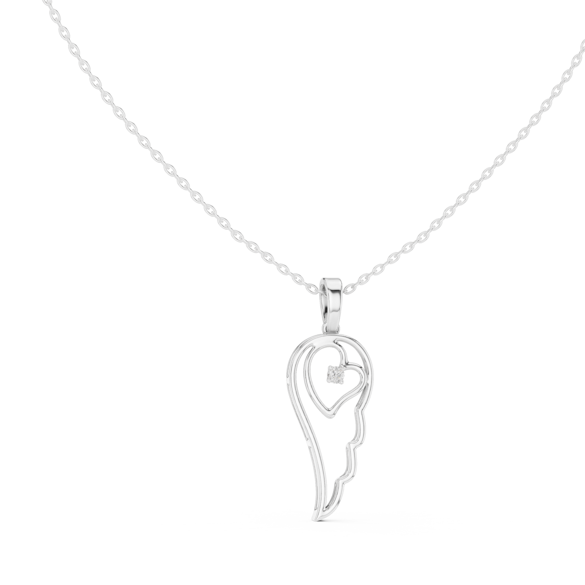 Angel wing heart pendant with round diamond, white gold-tone setting on chain.