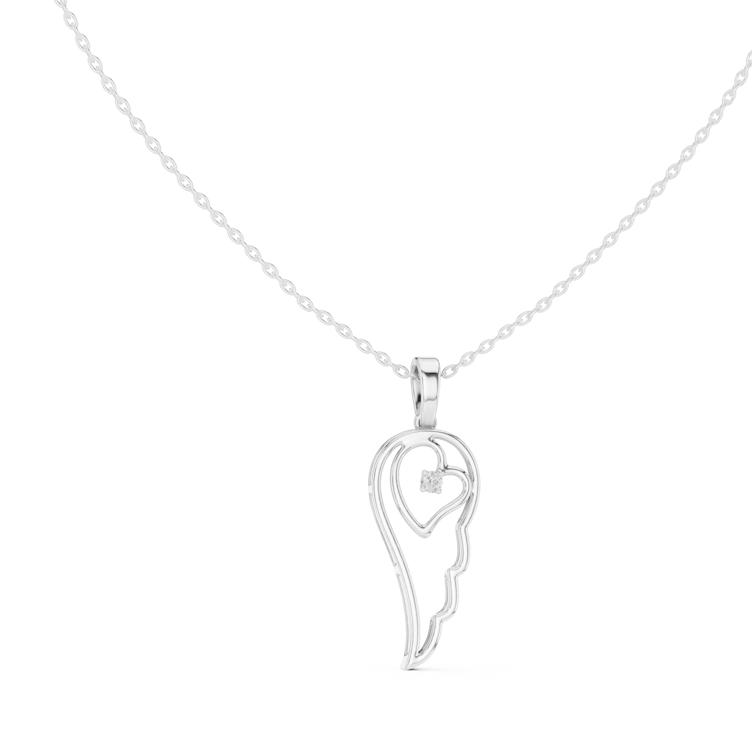 White gold heart angel wing pendant with round diamond