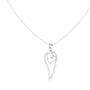 Angel wing heart pendant with round diamond, white gold-tone setting on chain.